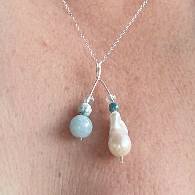 HEALING CRYSTAL & STERLING SILVER THROAT CHAKRA PENDANT WITH BAROQUE PEARL & 18” CHAIN