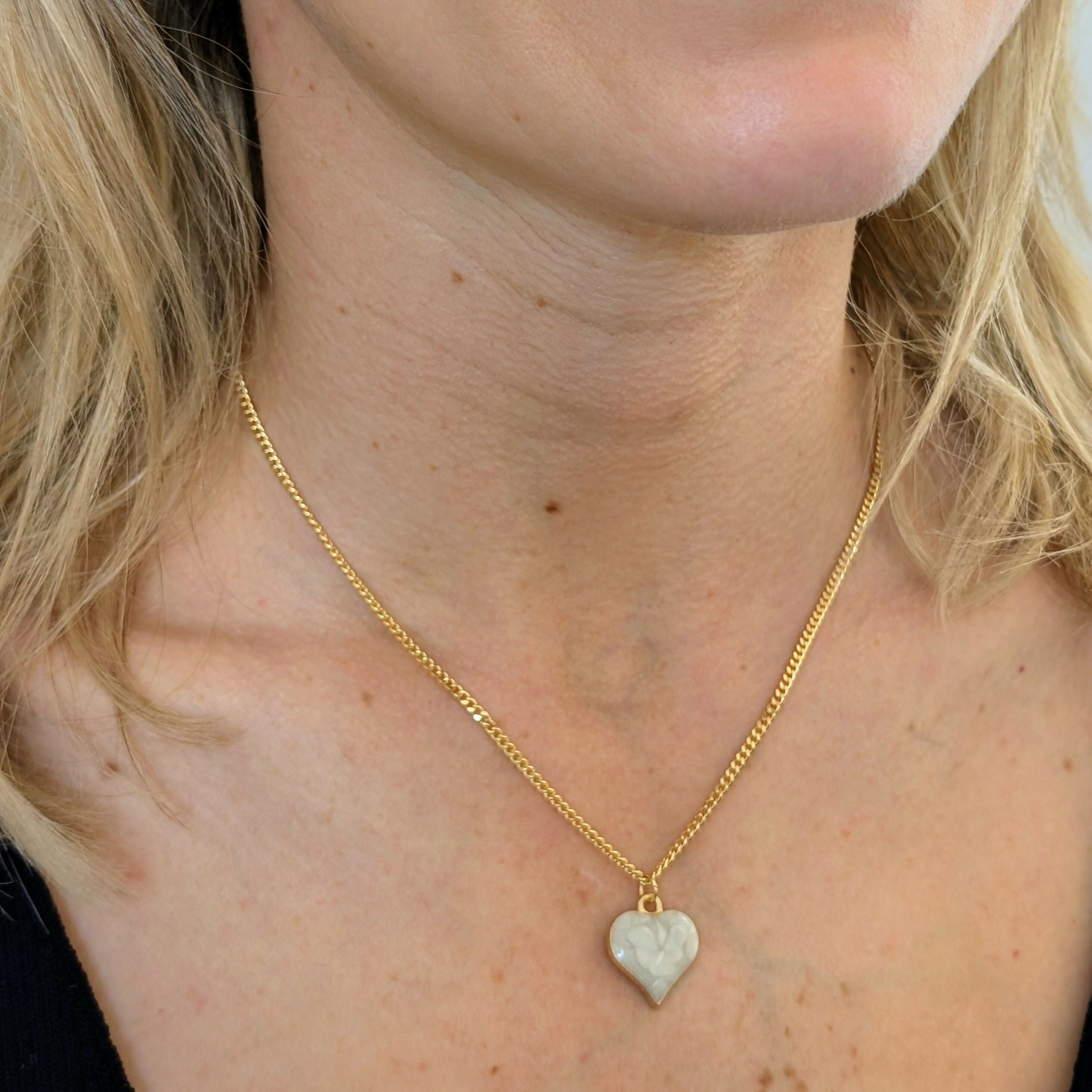 Cream Marbled Enamel Gold Heart Charm Necklace on a Gold Plated Chain