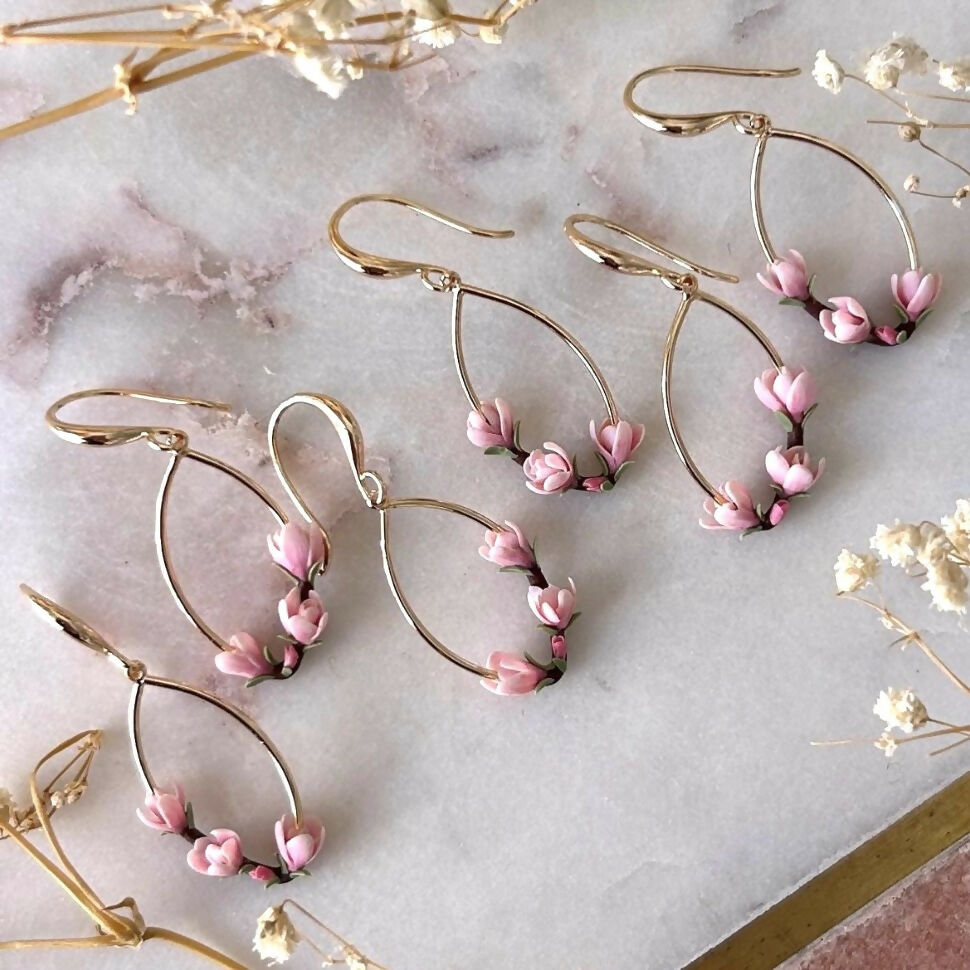 Magnolia Flower Pink Earrings