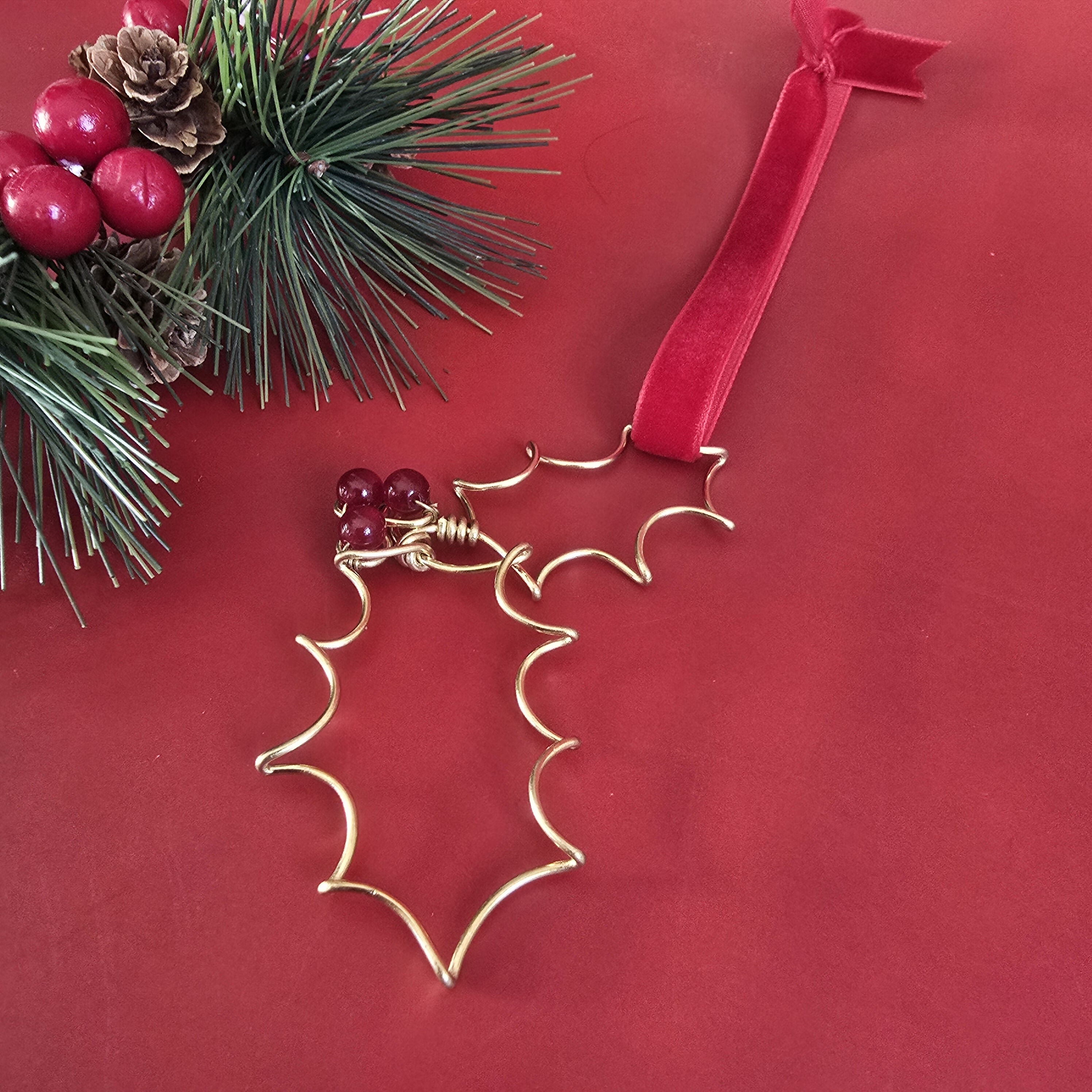Christmas Holly Brass Wire Tree Hanging Decor With Rubellite Crystal