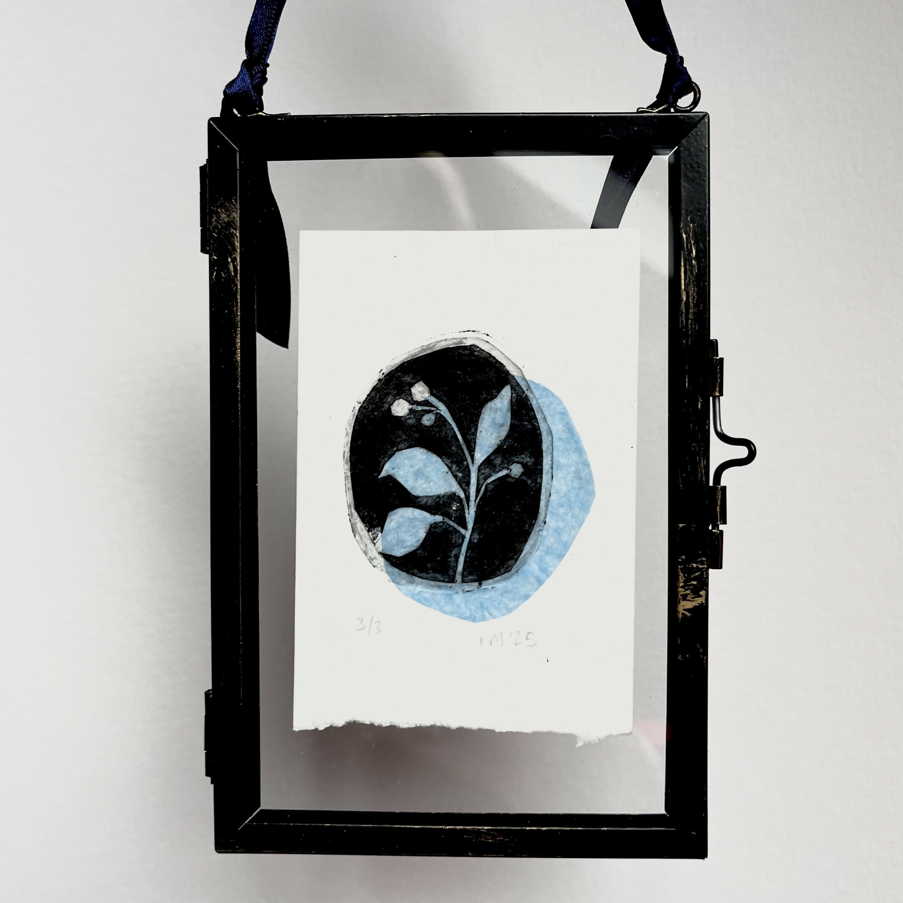 Framed Blue Floral Drypoint Print
