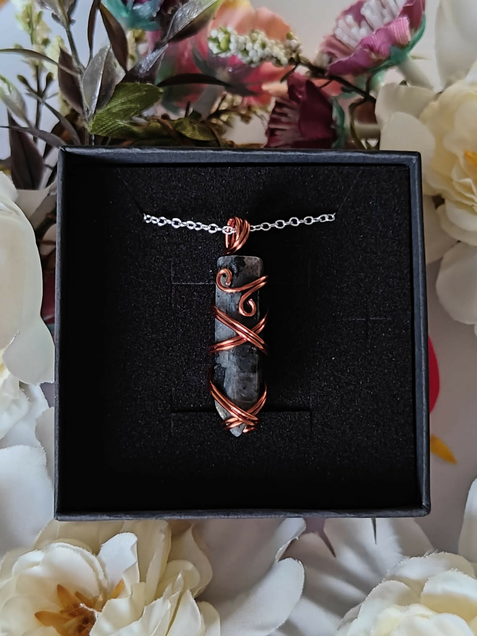 Labradorite Wire Wrapped Crystal Point Necklace on Sterling Silver Chain