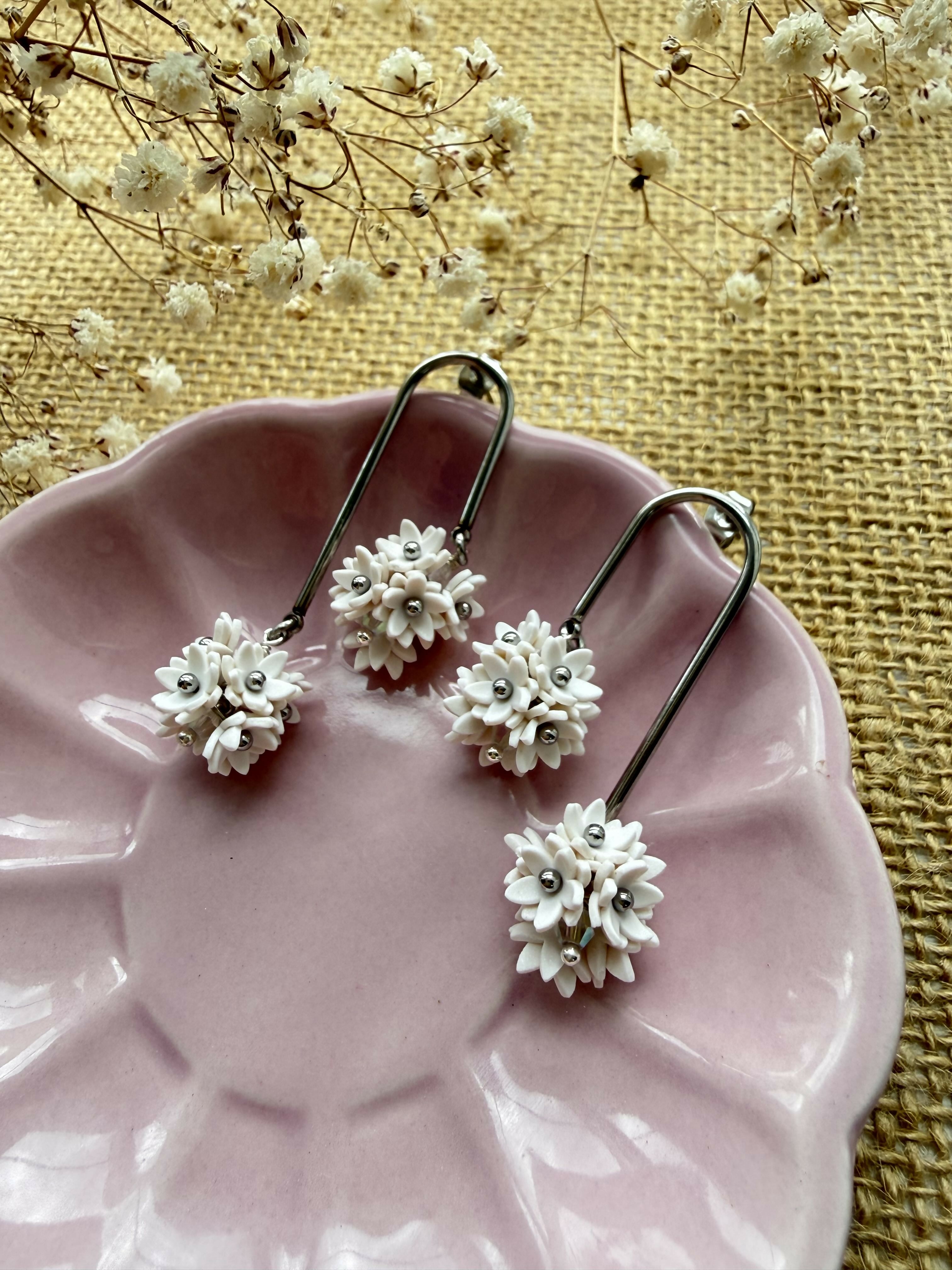 Floral Drop Earrings with Gold and Silver Arc and Flower Cluster