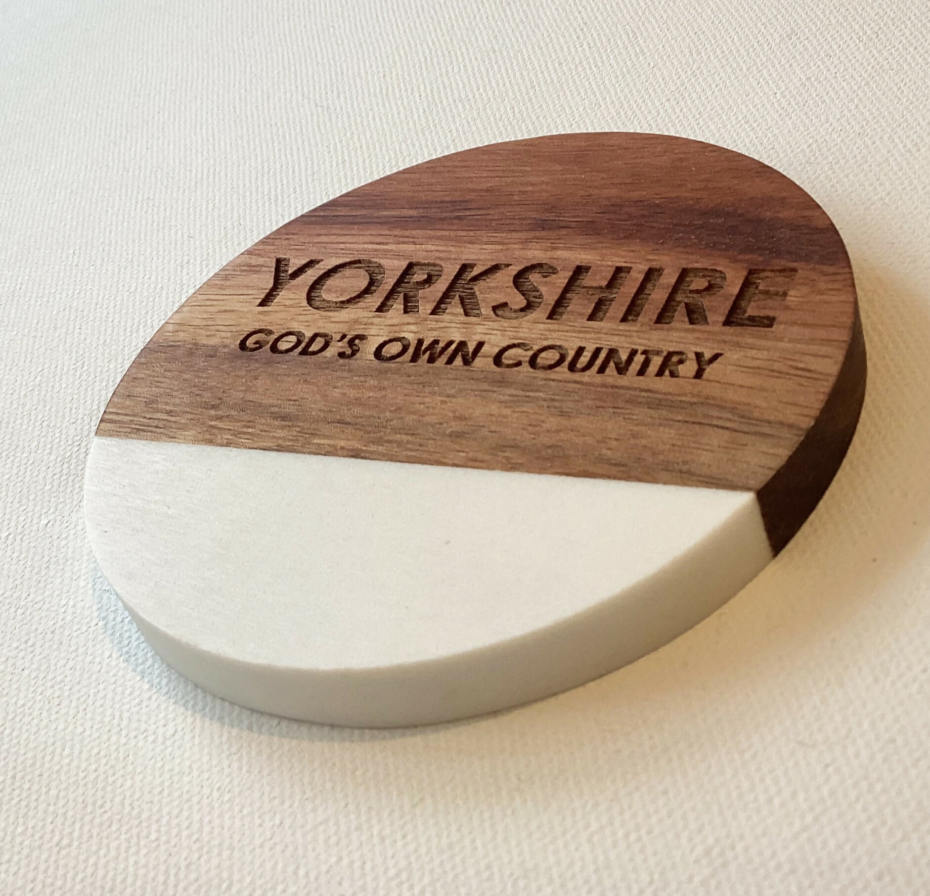 Yorkshire Inspired Engraved Marble and Acacia Wood Coaster