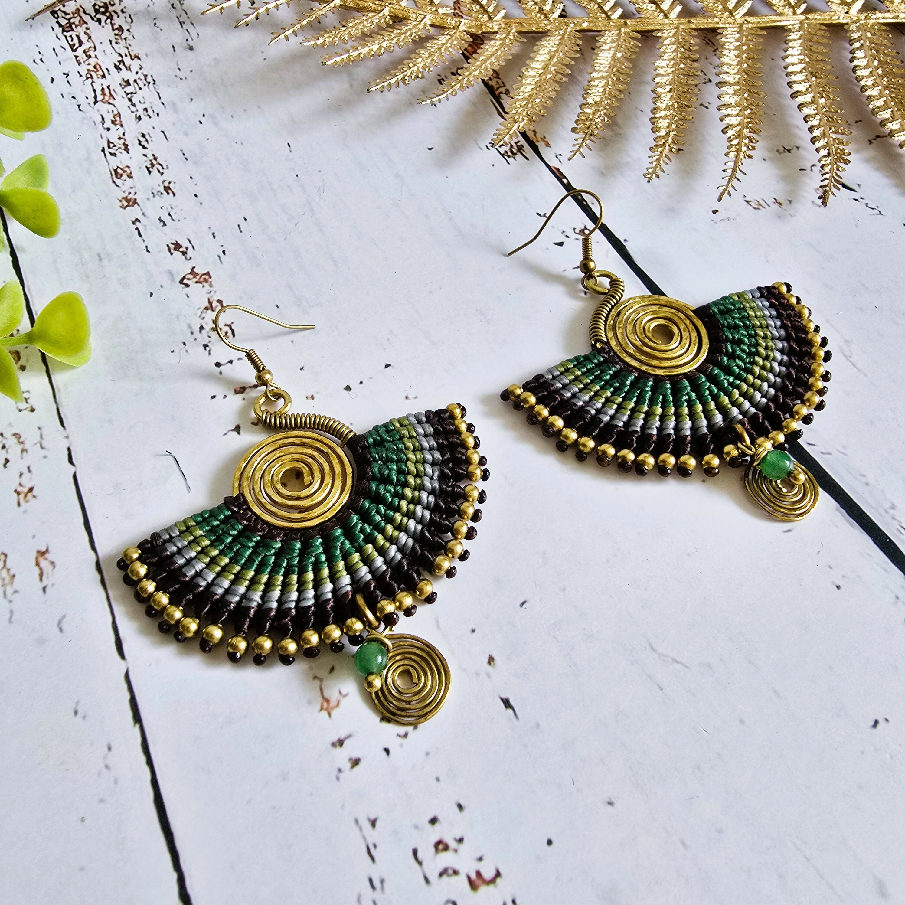 Green Jade Macramé Earrings; Boho Crystal Earrings with Gold Spiral Wire Art