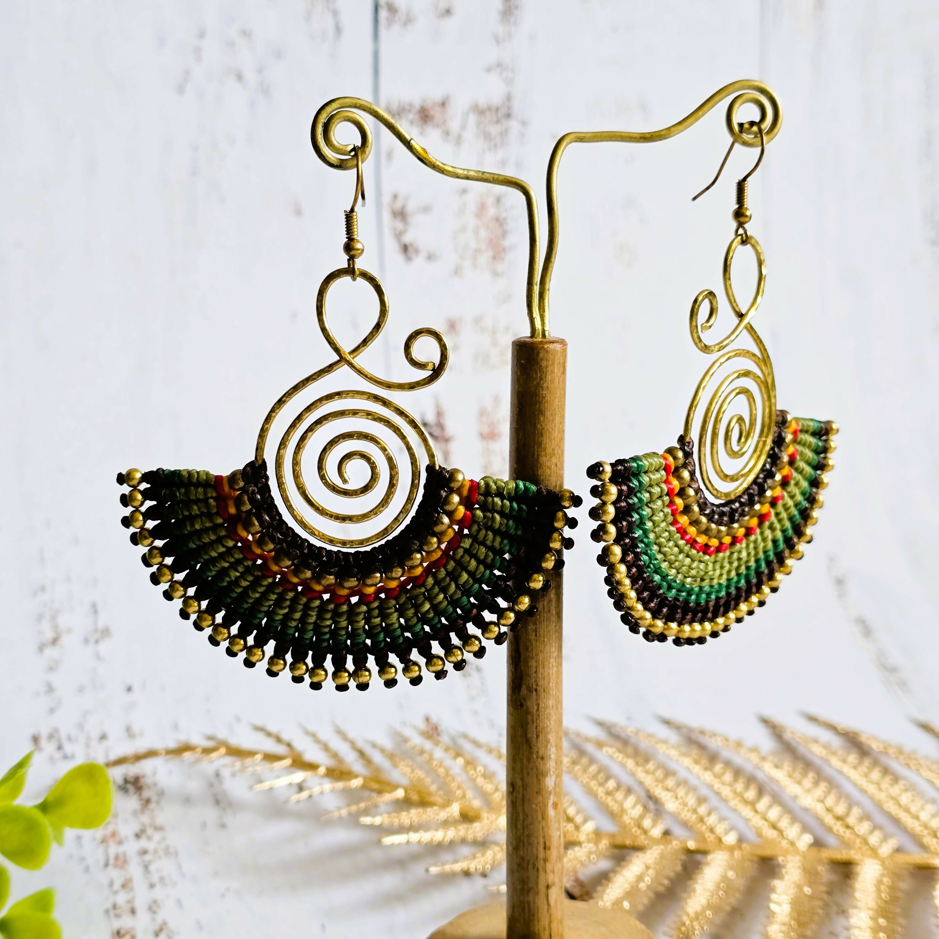 Emerald Green Fan Earrings; Bold Bohemian Macramé & Gold Wire-Art Statement Earrings