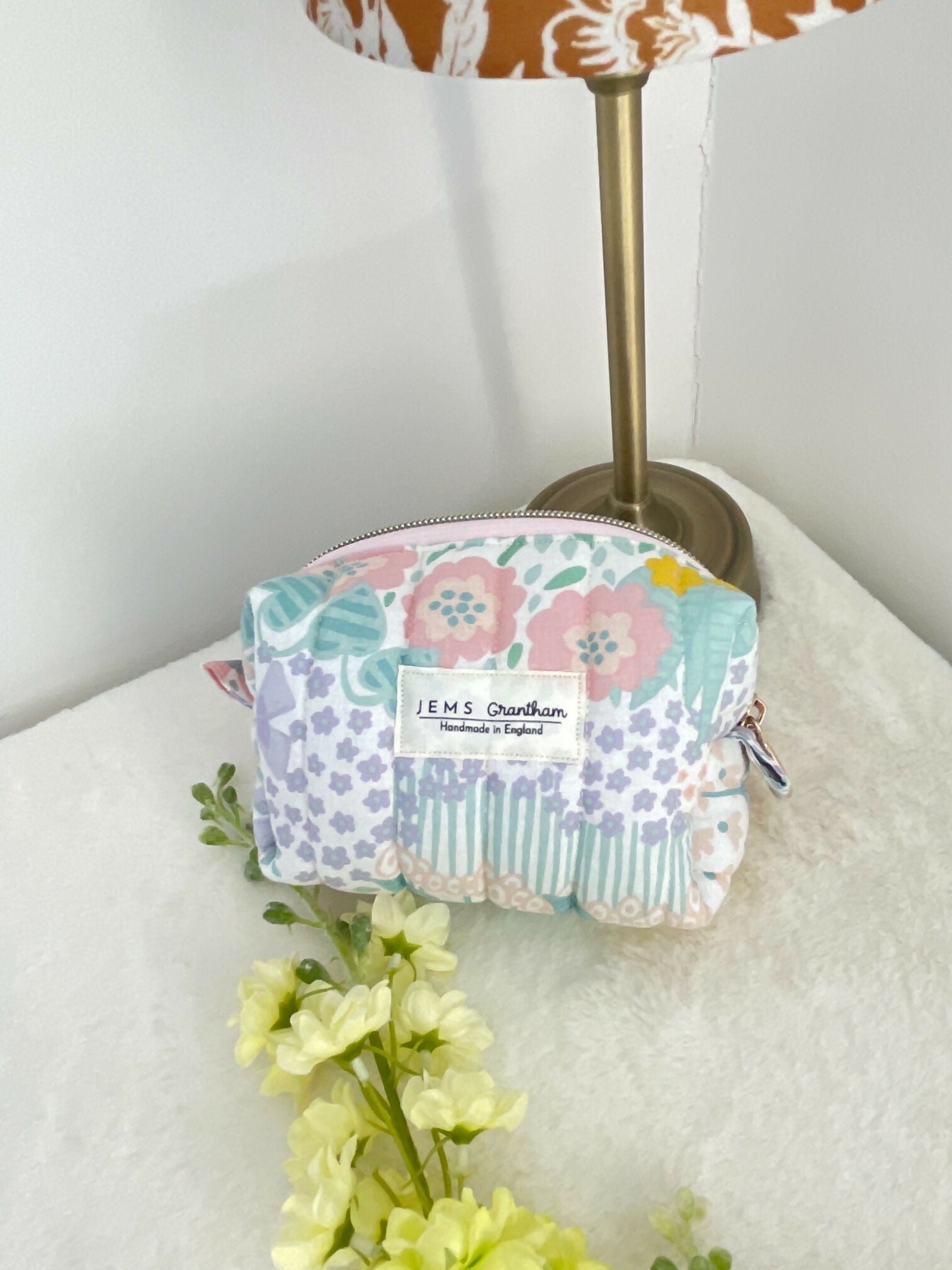 Quilted Toiletry Bag with zipper Meadow Print Handmade in UK