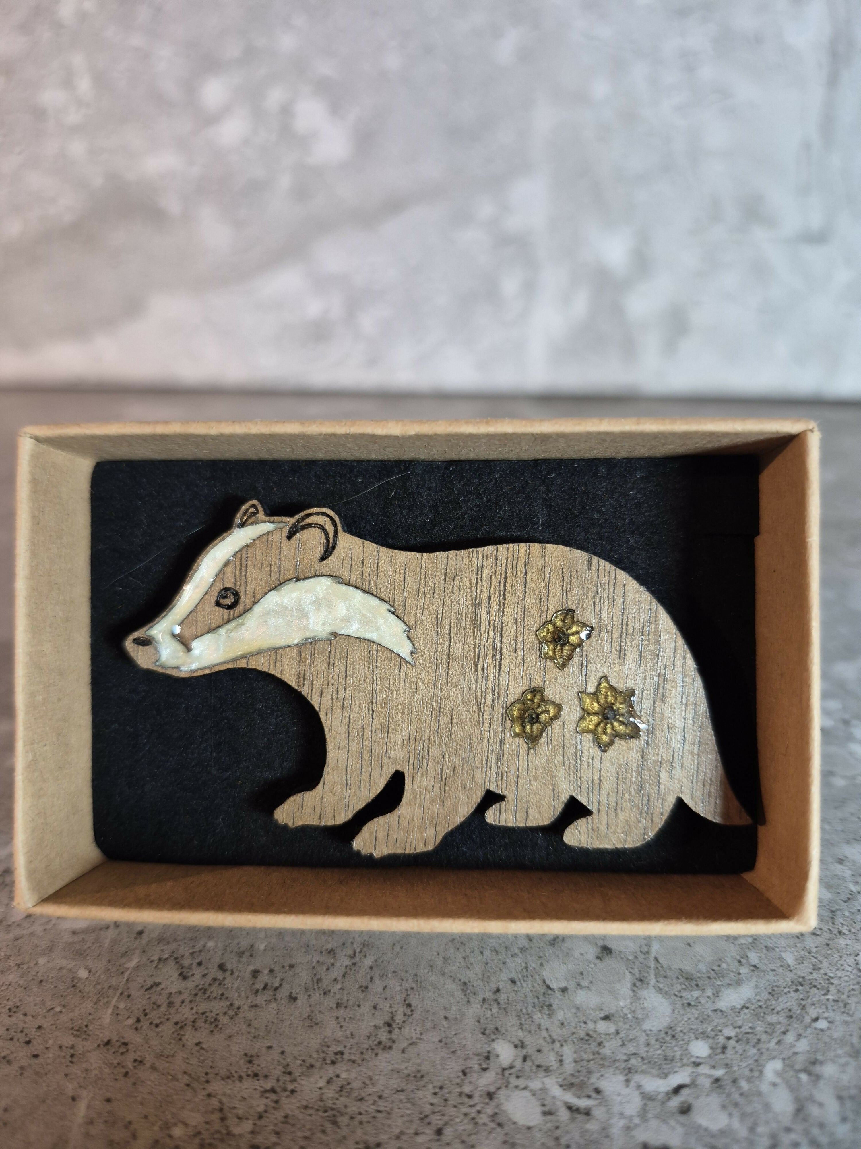 Handcrafted Walnut Veneer Badger Pin