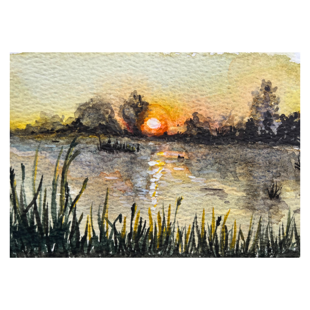 Watercolour Sunset Art Print | Landscape Lake Painting