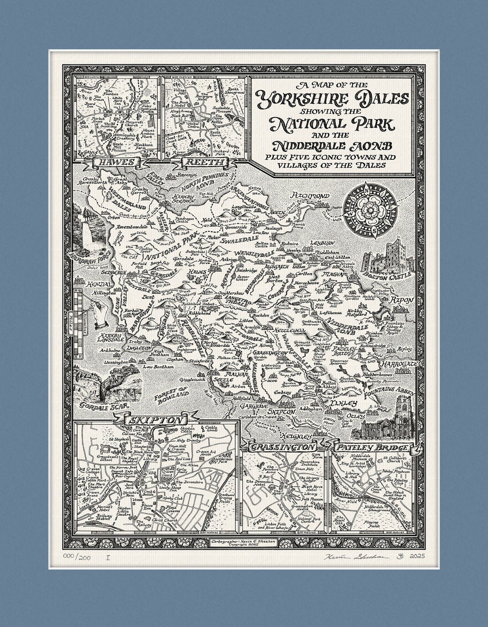 Yorkshire Dales Map Hand Drawn Fine Art Print