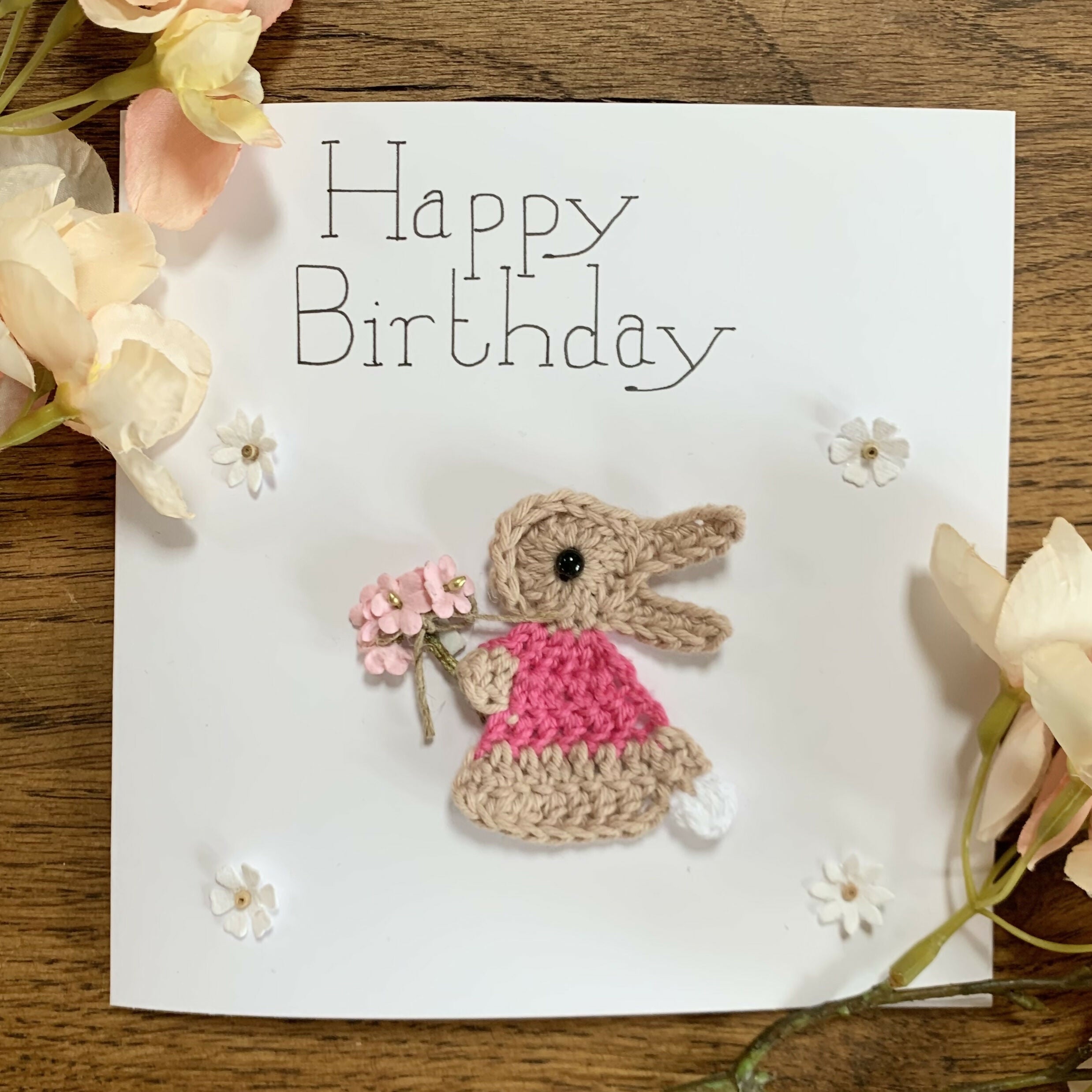 Happy Birthday Crocheted card with Rabbit or Elephant