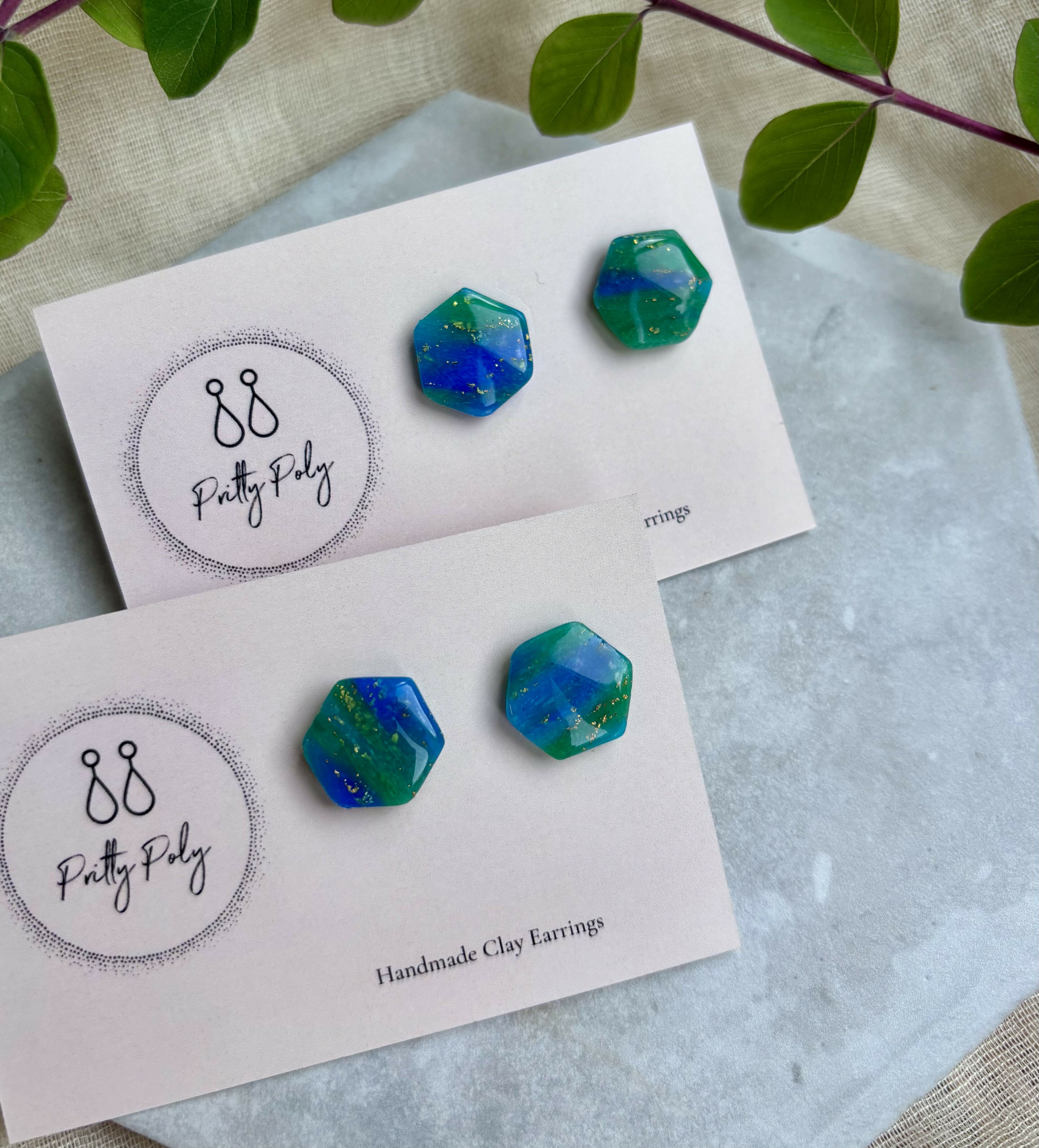 Blue and Gold Fleck Pentagon Polymer Clay Studs