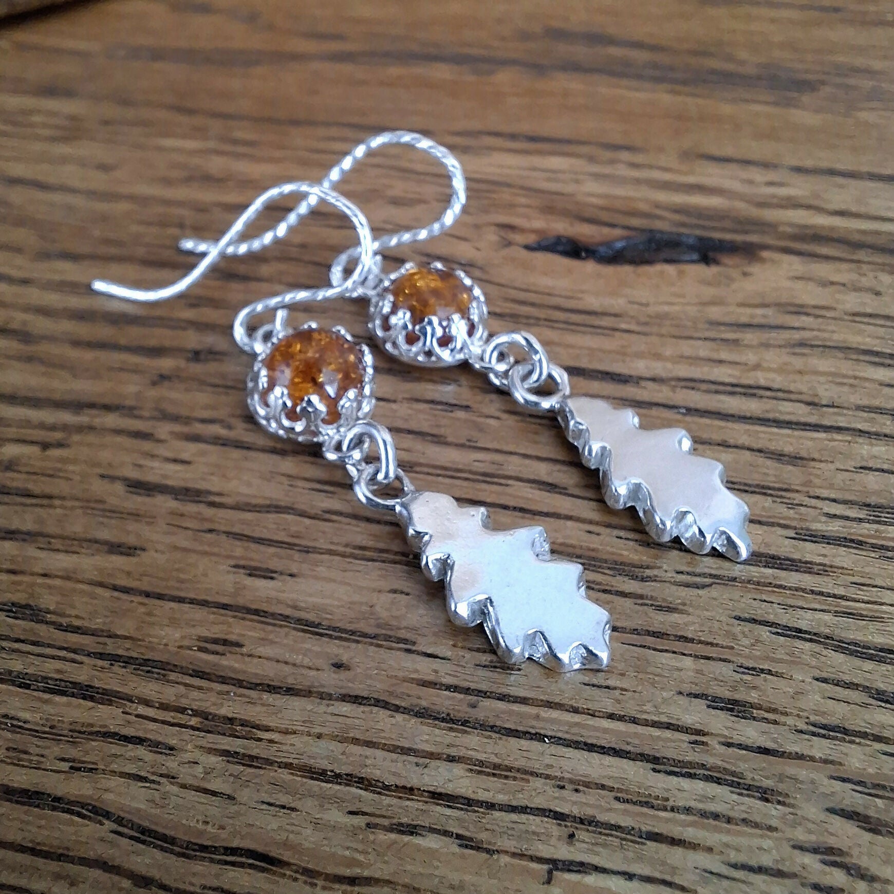 Handmade Silver Oak Leaf Earrings With Amber
