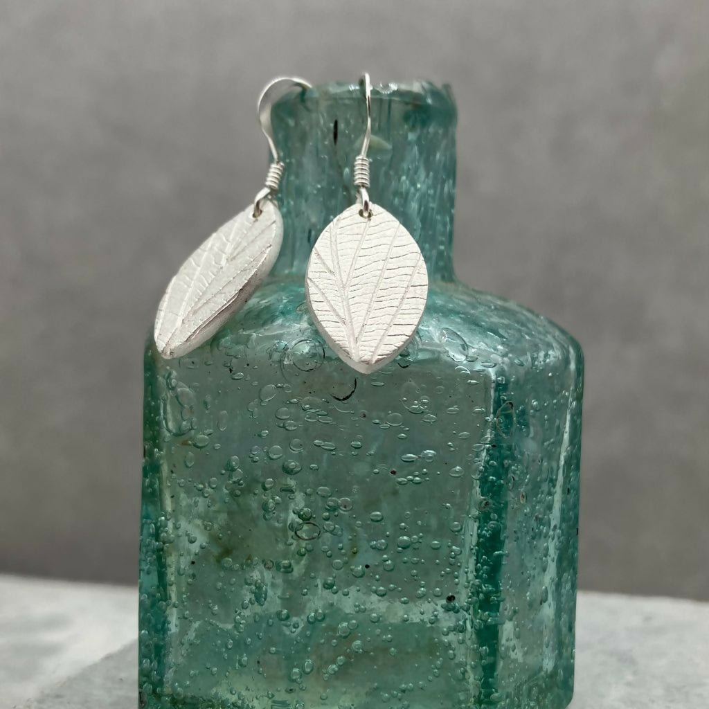 Leaf Print Drop Earrings - Silver