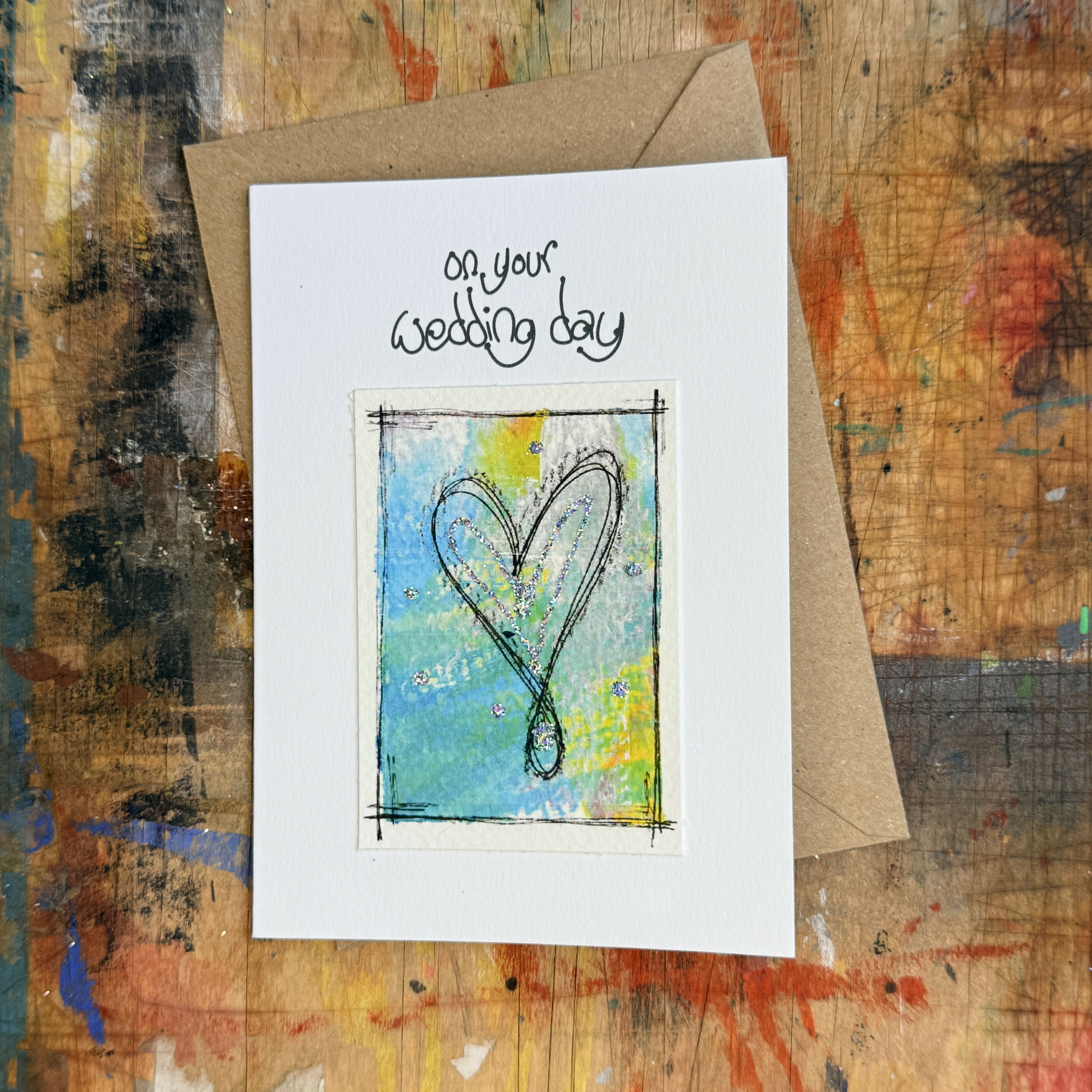 Abstract Sparkle Heart On Your Wedding Day Card in Blue