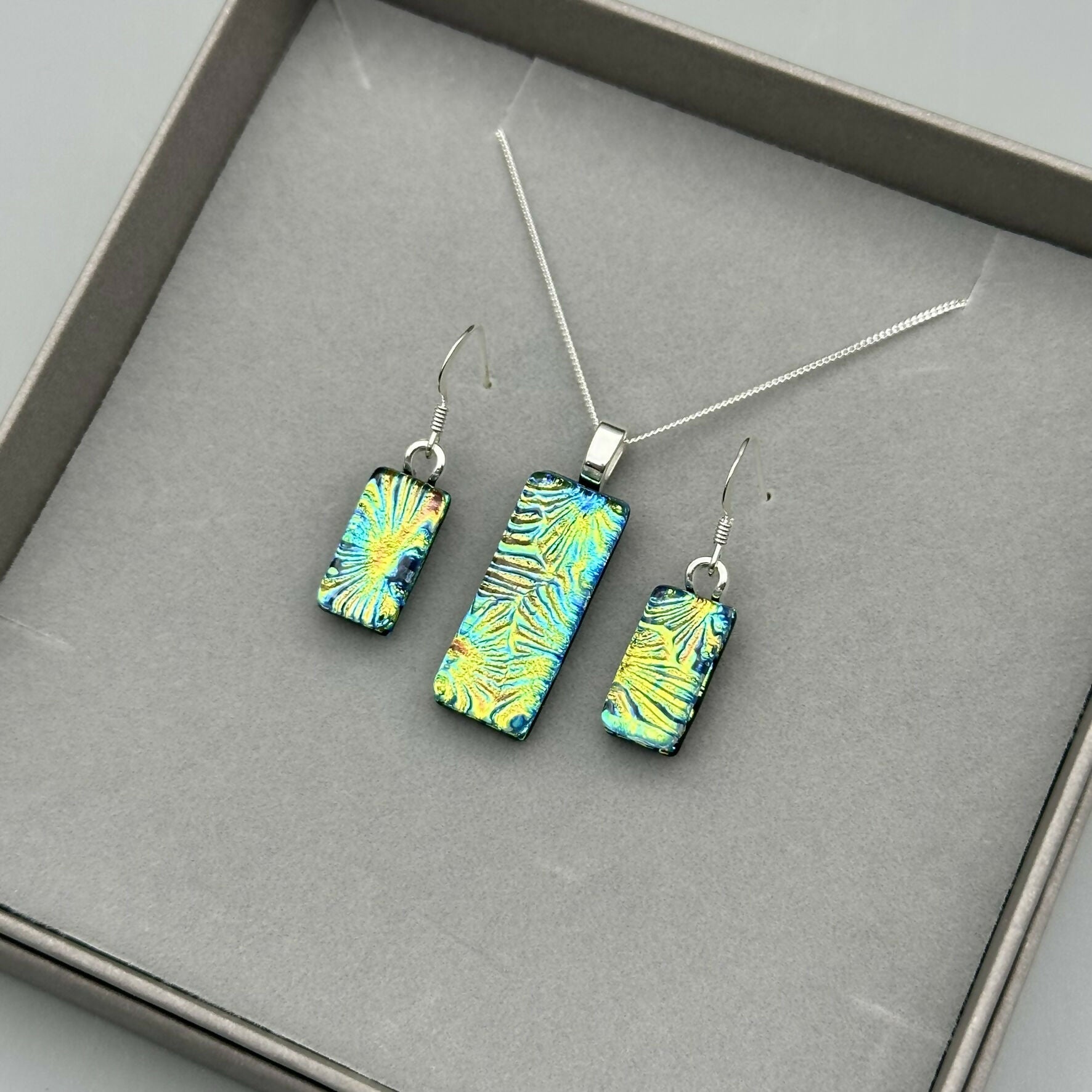 Rainbow Flower Dichroic Glass Necklace and Earrings Set - Sterling Silver, Handmade by Jade Tapson Glass.
