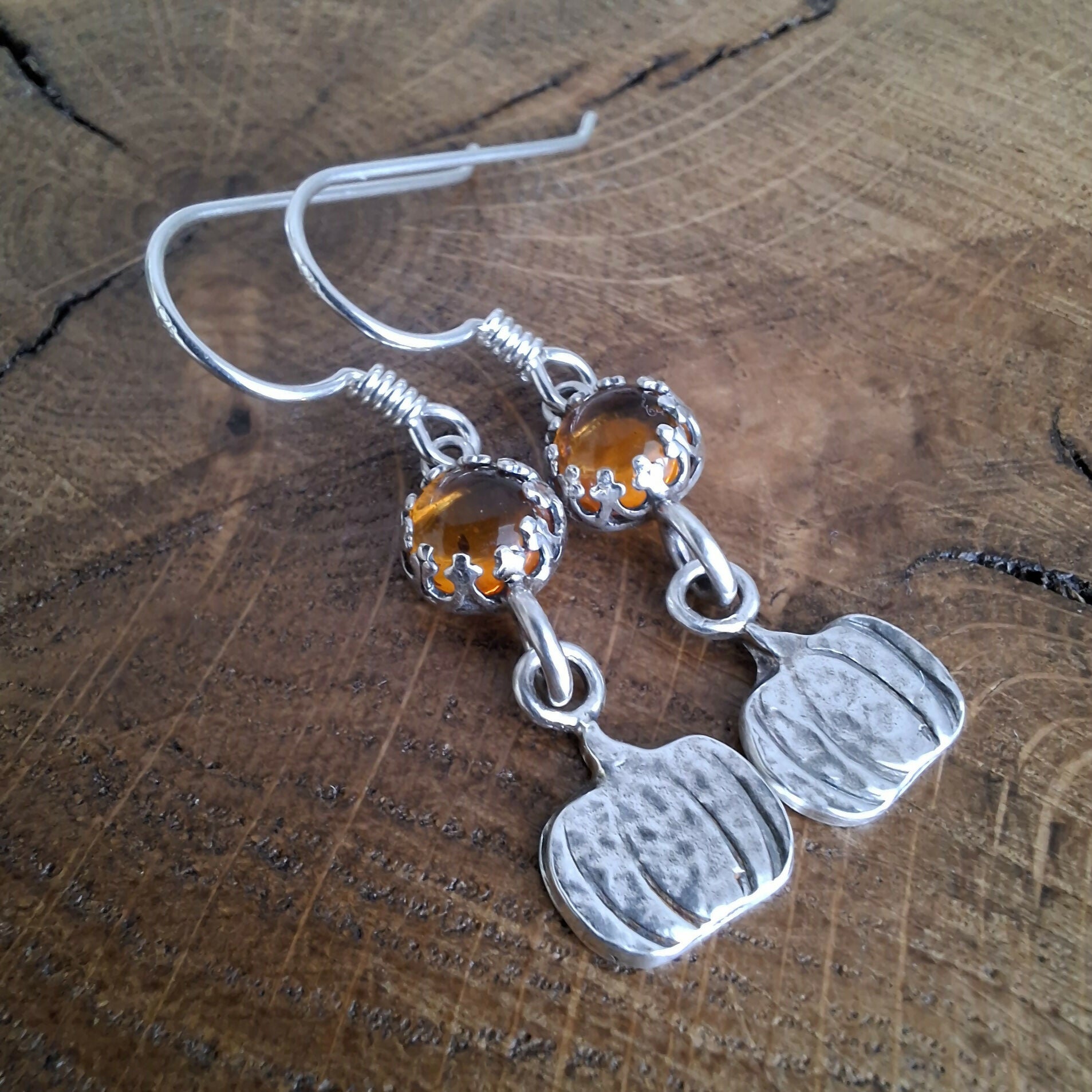 Handmade Silver Pumpkin Earrings With Amber