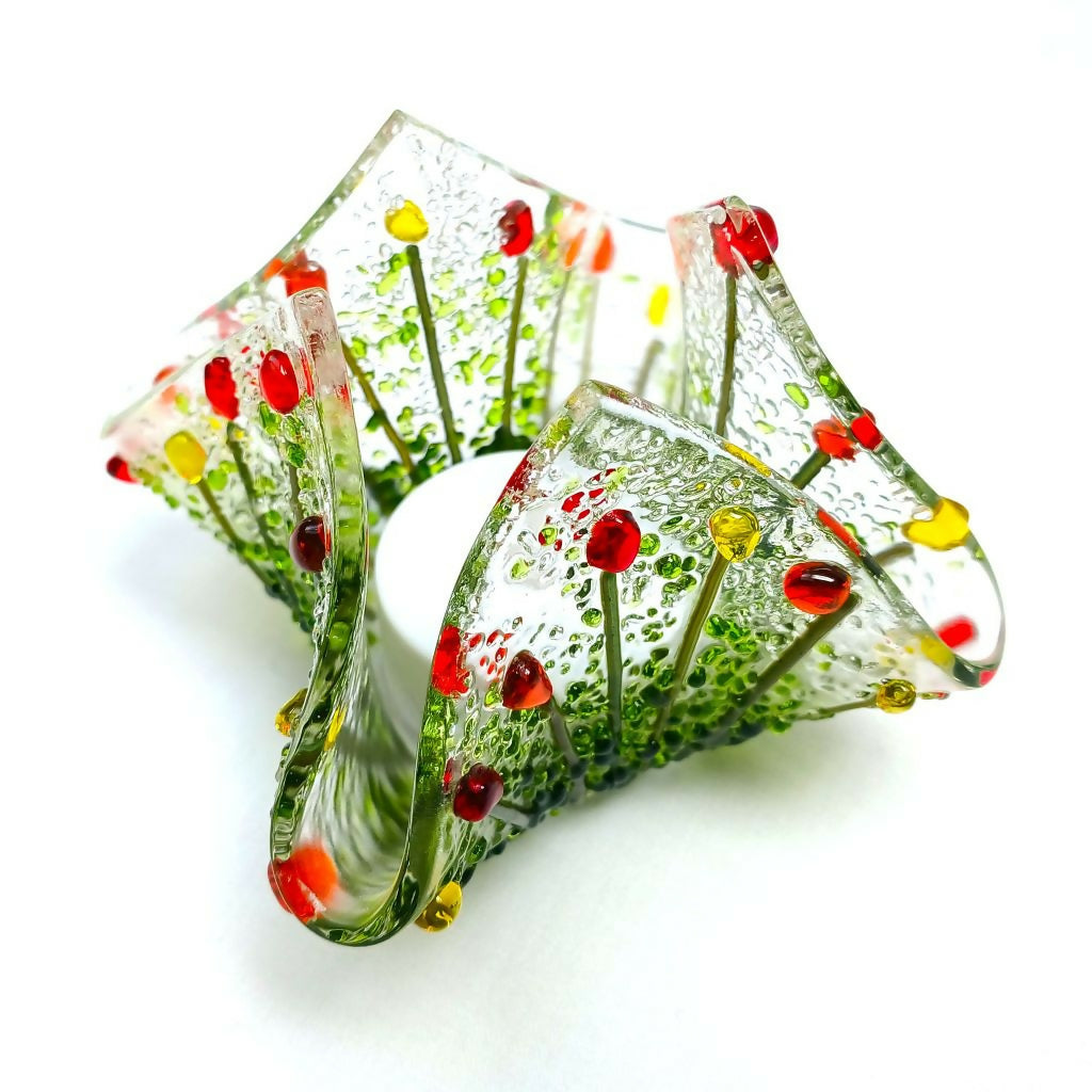 Handmade Handkerchief Tea Light Holder With Red, Orange & Yellow Flowers
