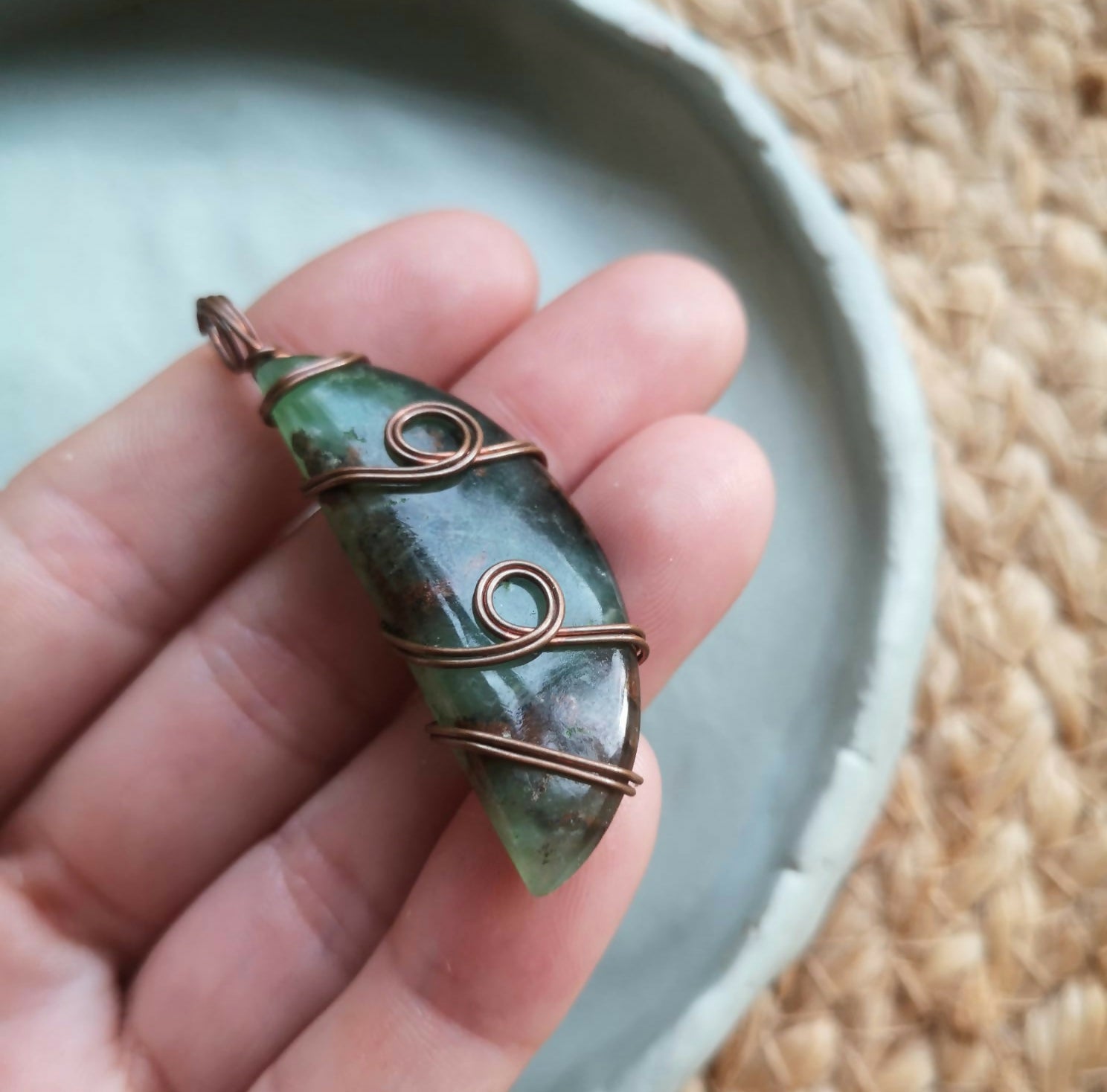 Chrysoprase & Copper Wire Wrapped Pendant With Suede Cord