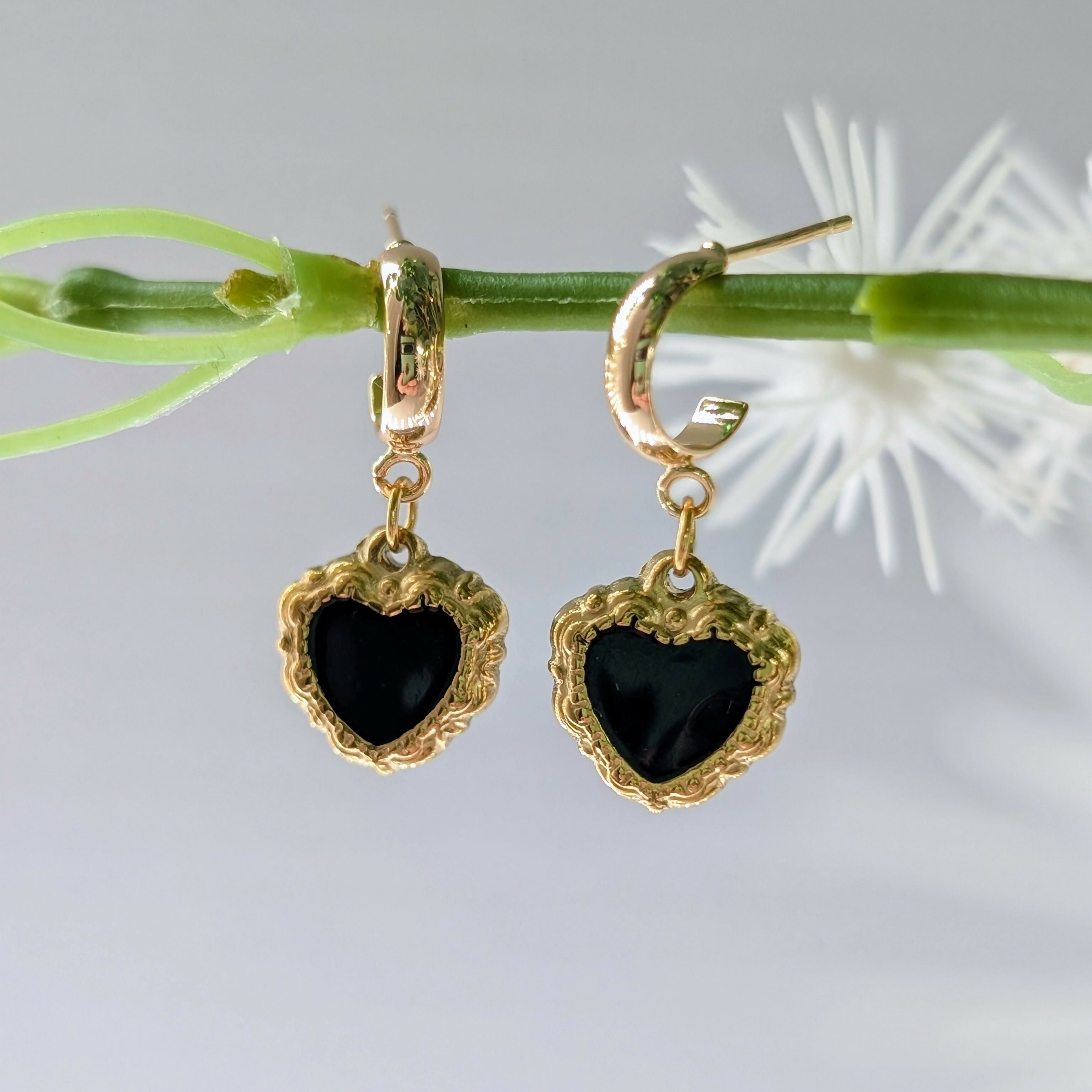 Black Enamel Gold Ornate Heart Earrings on a Gold Plated Half Loop Huggie Stud