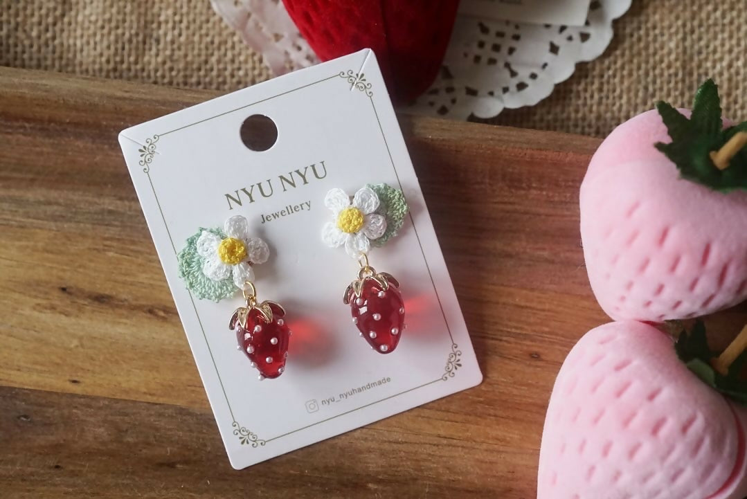 Handmade Micro Crochet Flower with Strawberry Charm Earrings