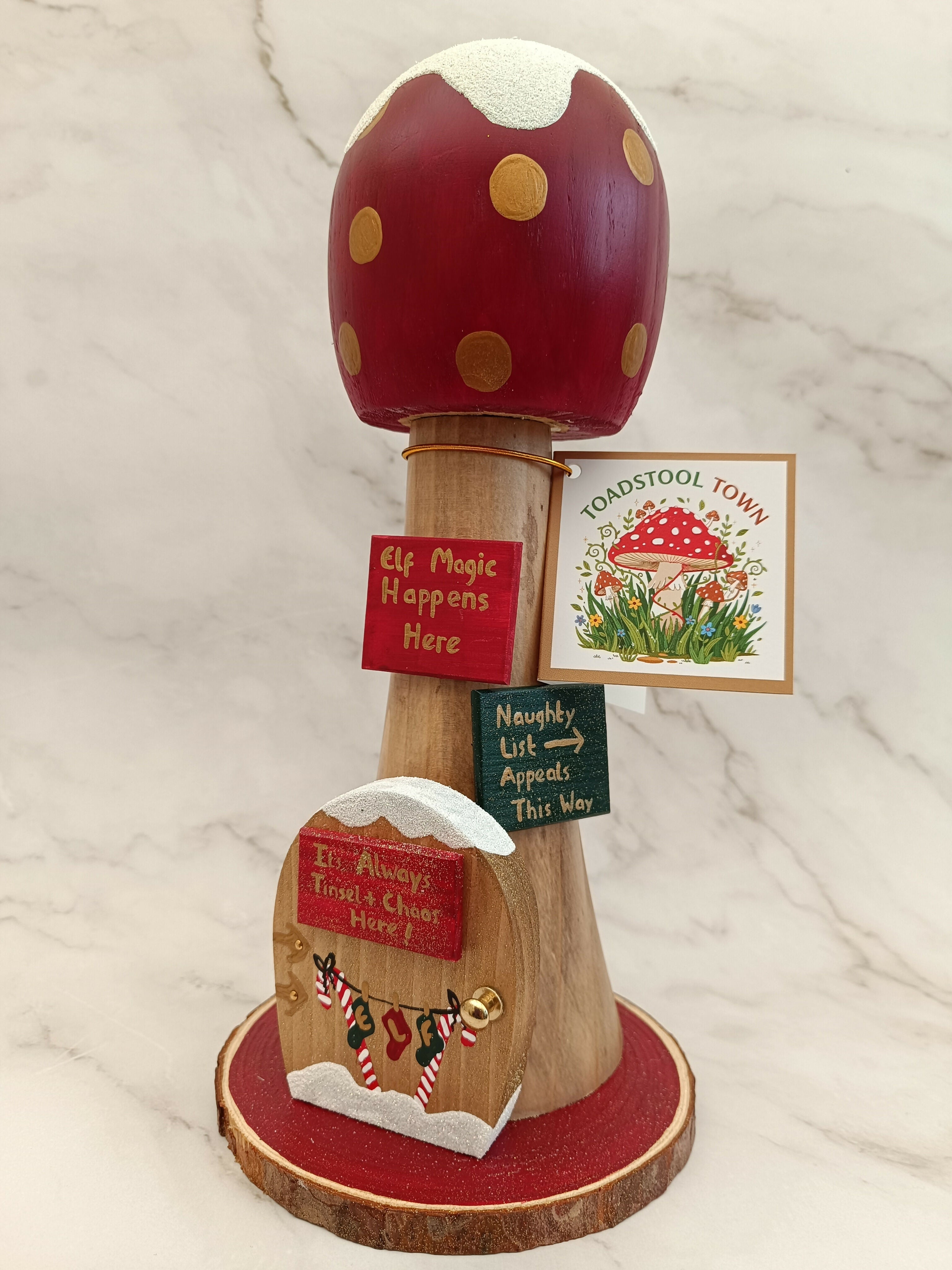 30cm Handmade, Free Standing Painted Wooden Rounded Topped Toadstool Elf House - Whimsical Woodland Ornament & Holiday Keepsake