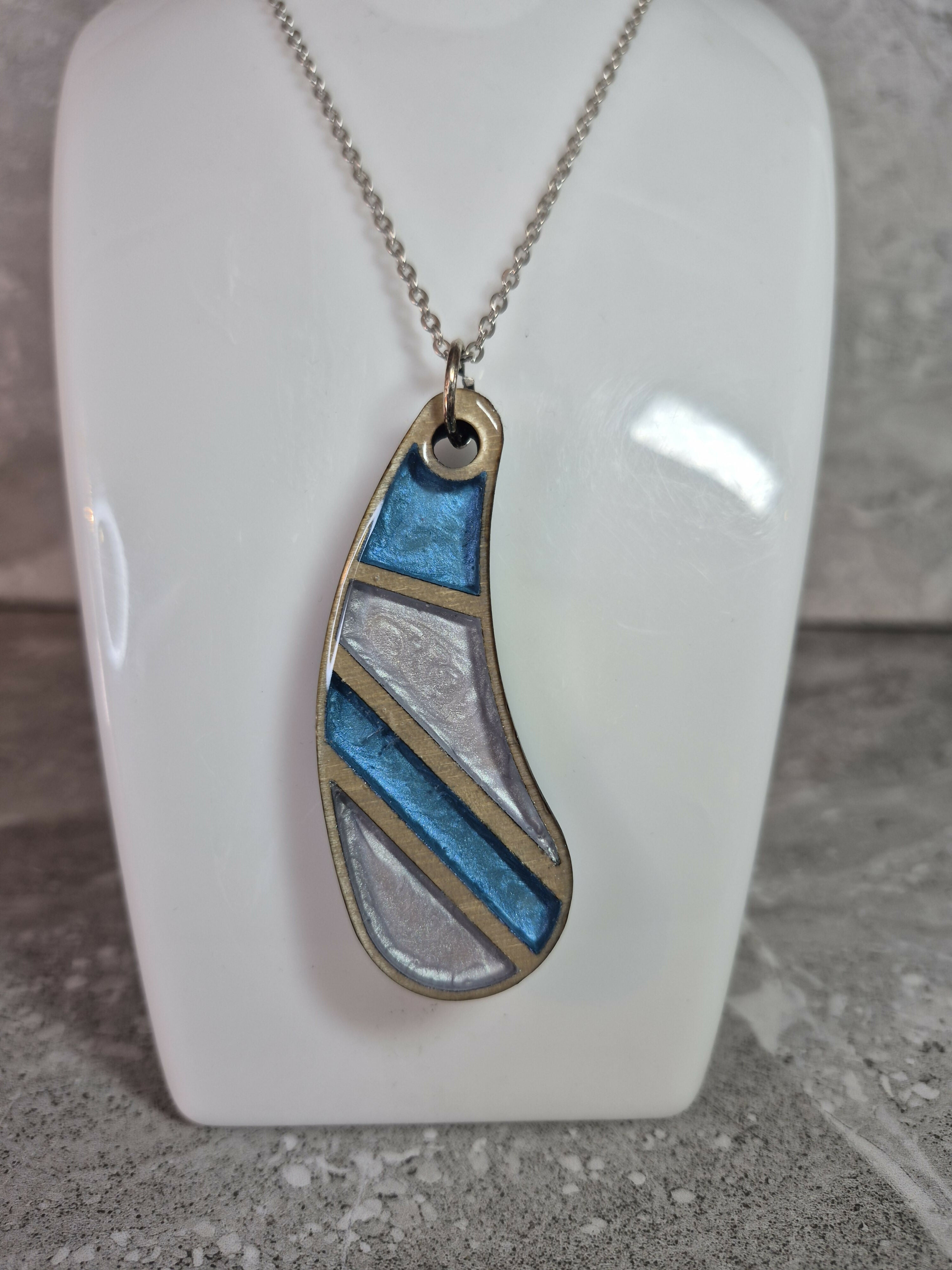 Unique Hand Crafted, Tear Drop, Wooden Cyan and Light Metallic Blue