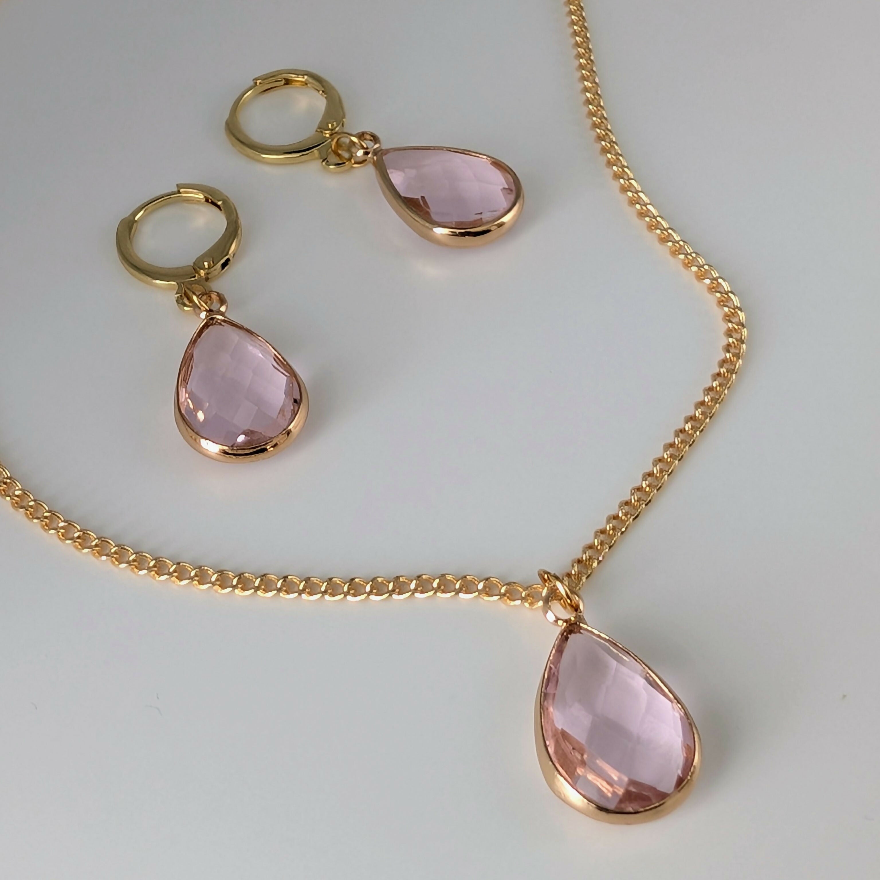 Light Powder Pink Faceted Crystal Teardop Charm Necklace on a Gold Plated Chain