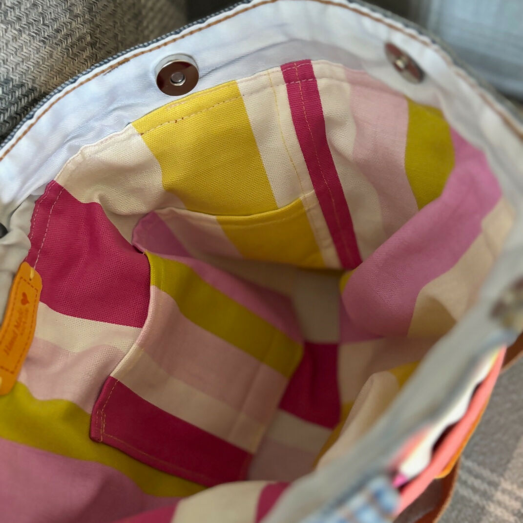 Unique Bag Handbag Made From Upcycled Jeans And Fabric With Detachable Handle And Gonk Decoration