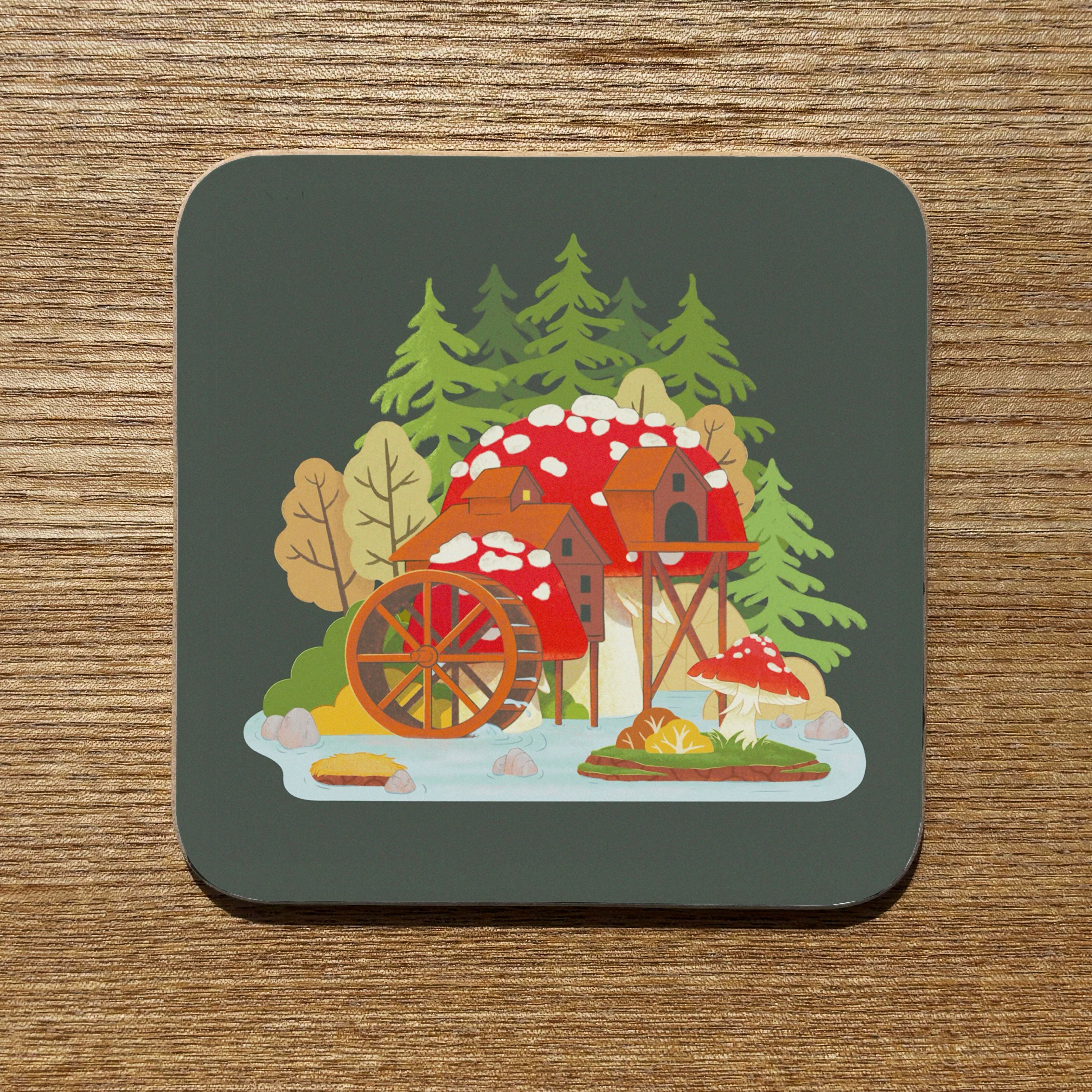 Cottagecore Mushroom House Coaster - Fly algaric Illustration