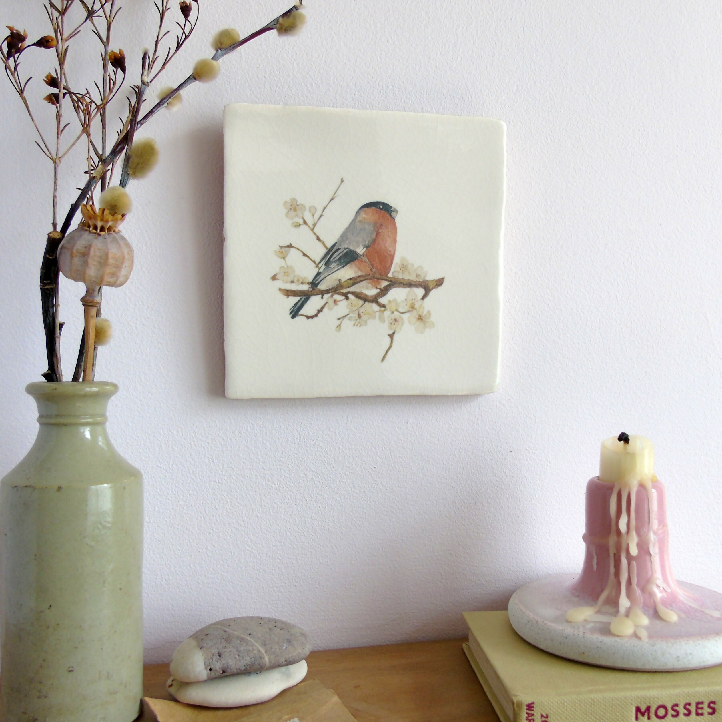 Bullfinch and Blossom Ceramic Tile Wall Art
