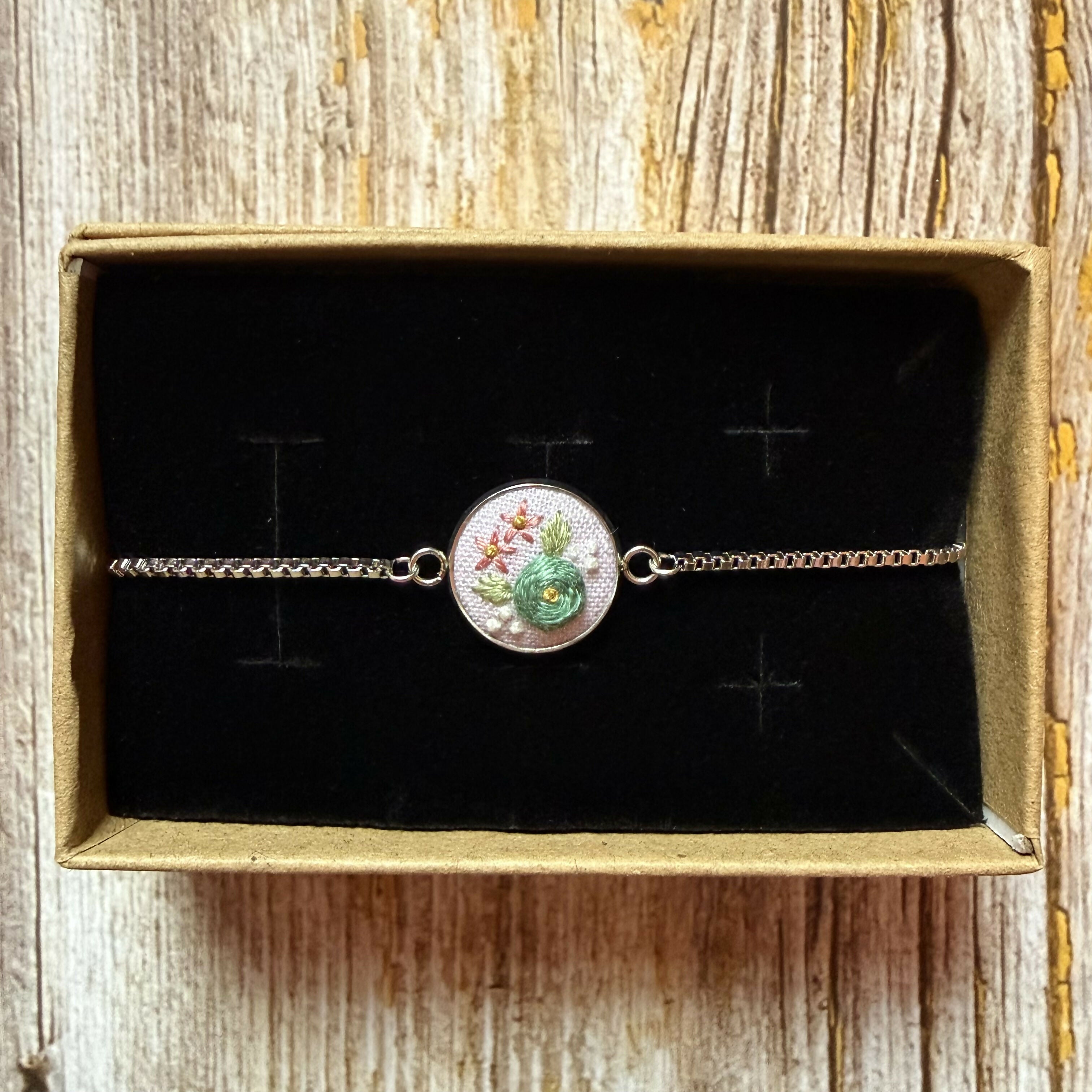 Hand Embroidered Pink Floral Bracelet