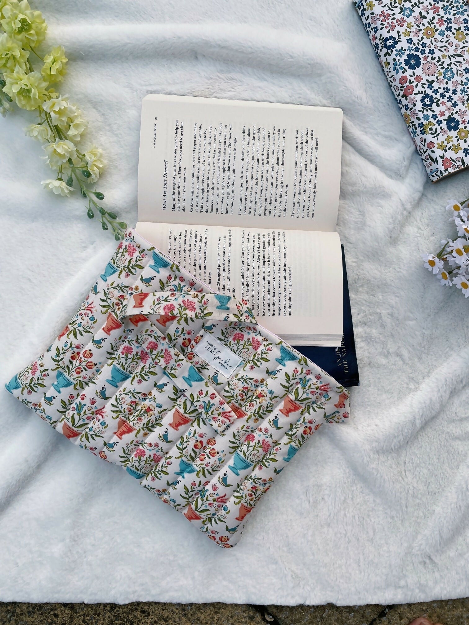 Handmade Quilted Book Sleeve Cream Flower Pot Print
