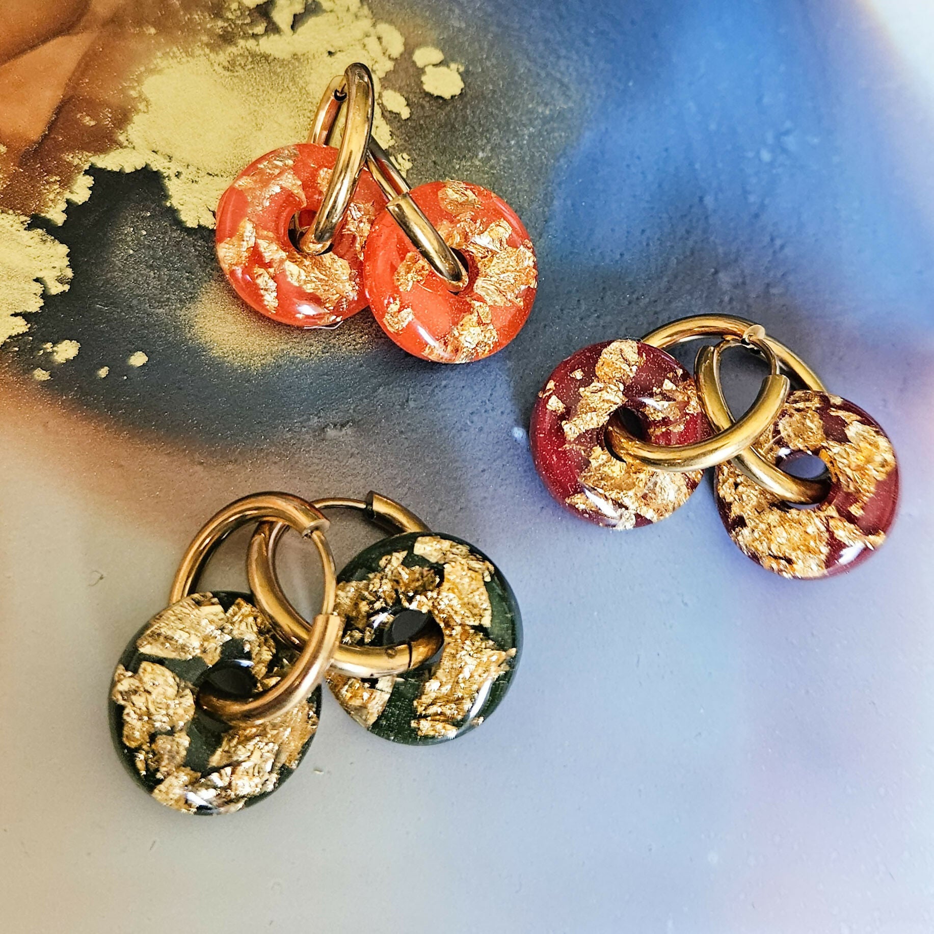 Handmade Autumn Colours Domed Circle Resin Charms On Chunky Hoops