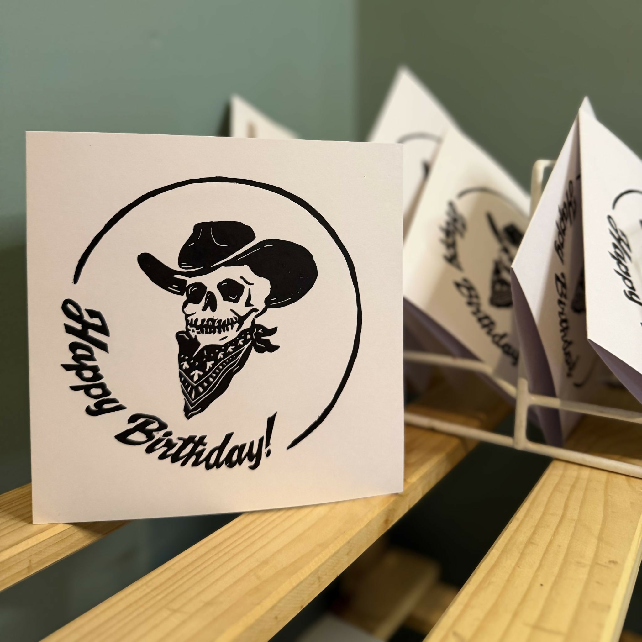 Lino Print Birthday Card - Cowboy Skeleton