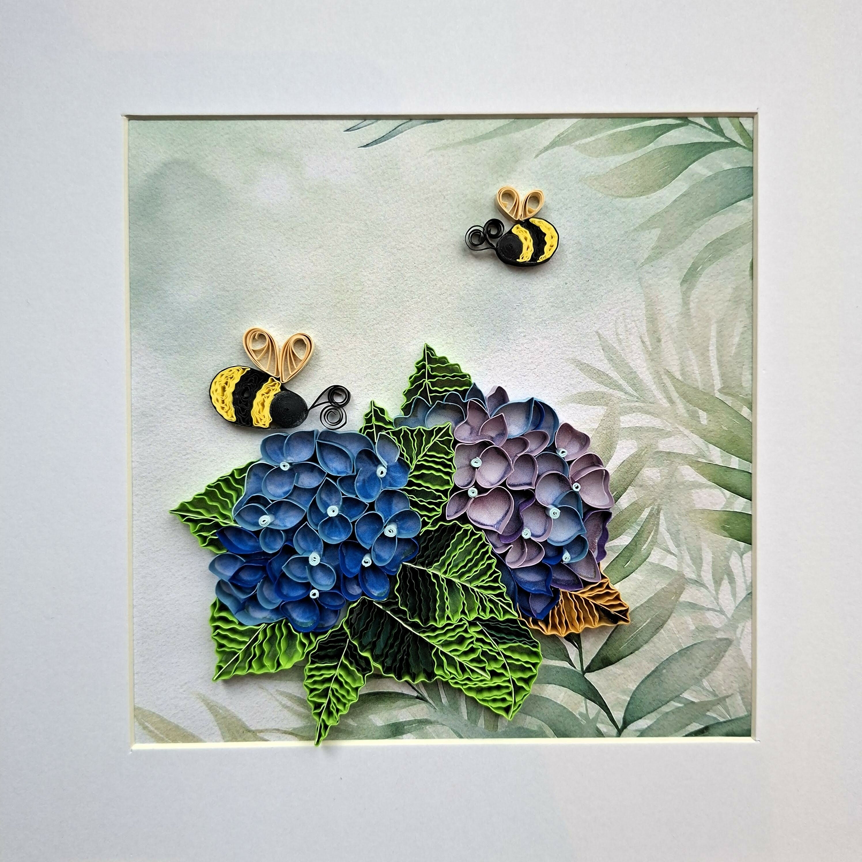 Handmade Paper Quilling Art, Hydrangeas & Bees with White Frame