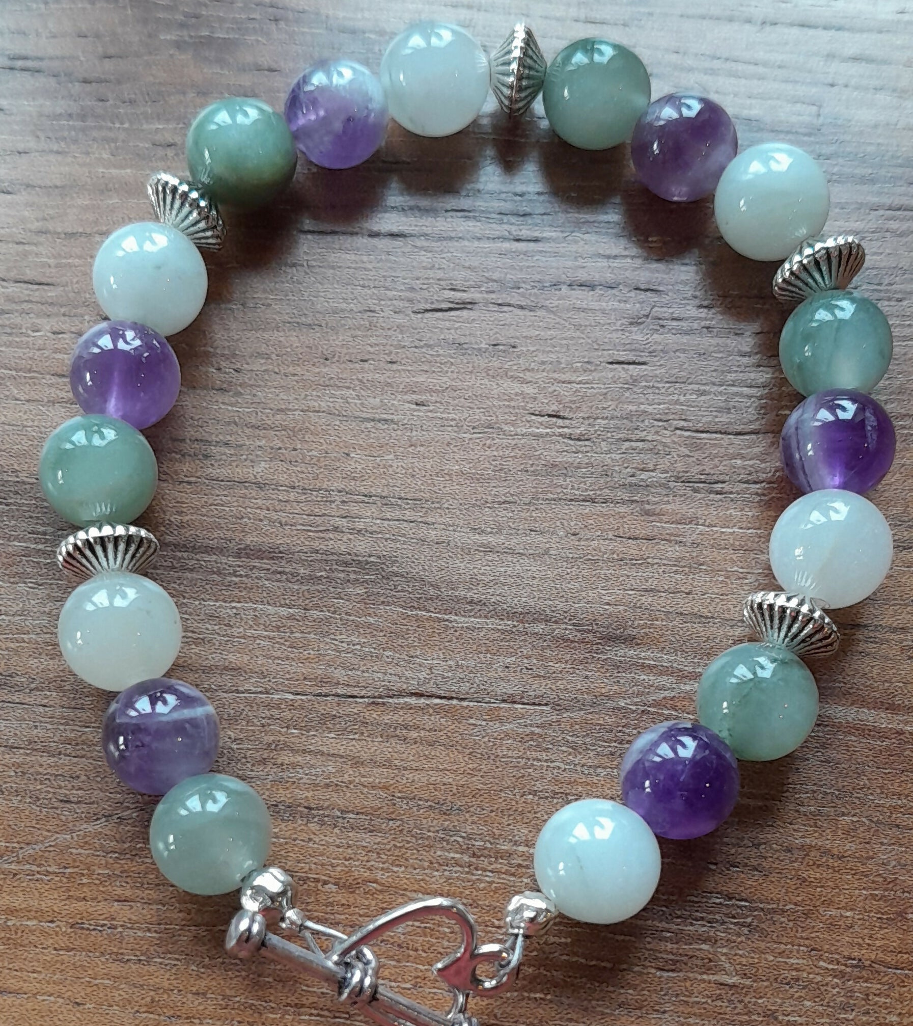 Gemstone Bracelet with a Tibetan Silver Toggle Catch, Banded Green Agate and Chevron Amethyst with Tibetan Silver Spacer Beads.