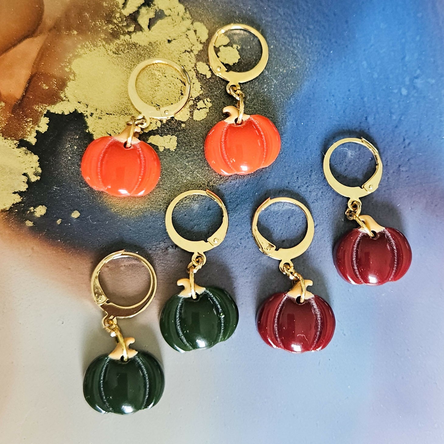 Handmade Pumpkin Autumn Resin Charms On Huggie Hoops