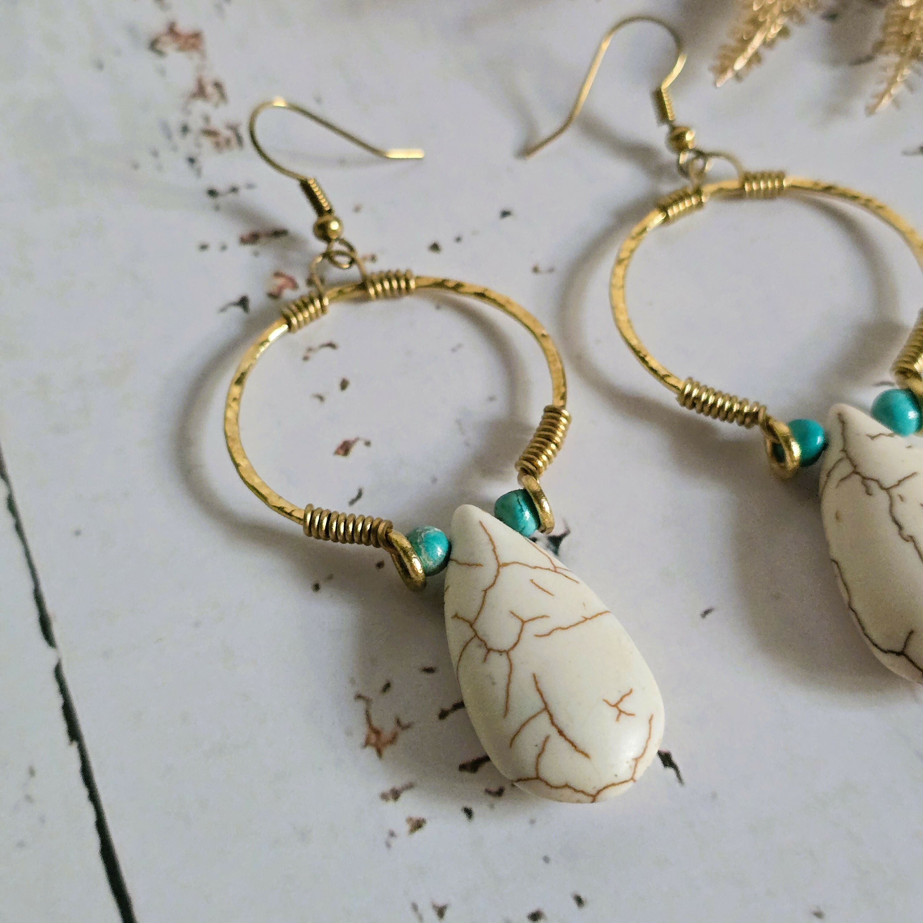 White Howlite Hoop Earrings; Hammered Brass Wire Boho Crystal Turquoise Thai Earrings