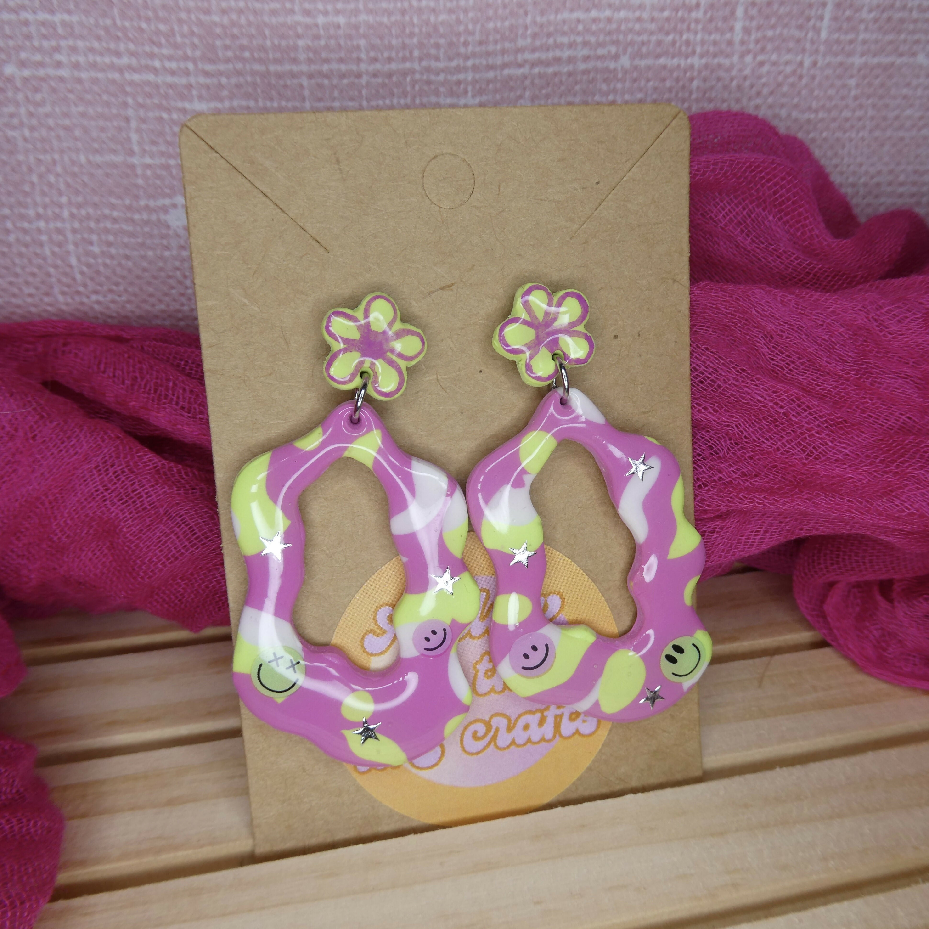 Pink And Green Squiggle Smiley Polymer Clay Earrings