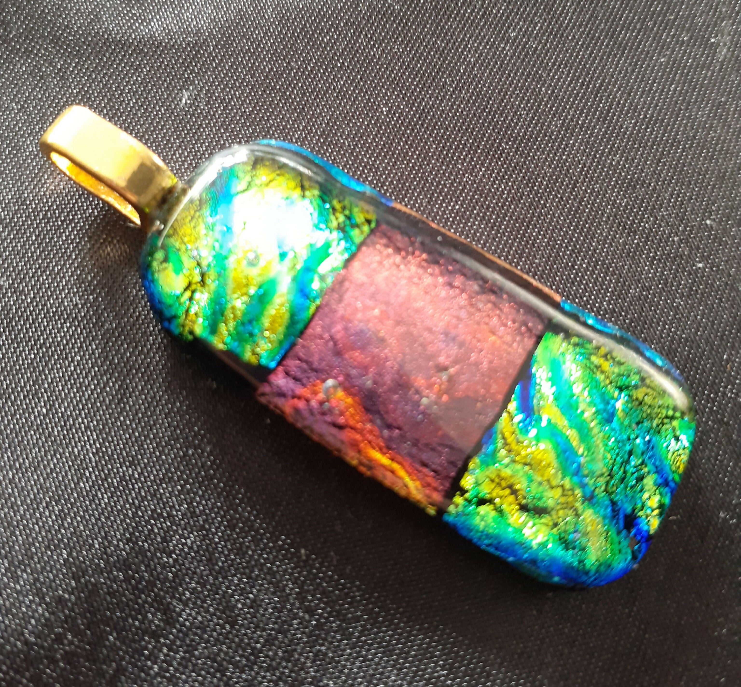 Fused Dichroic Glass Rectangular Pendant With a Gold Coloured Chain Necklace (Green/Gold and Dark Red)