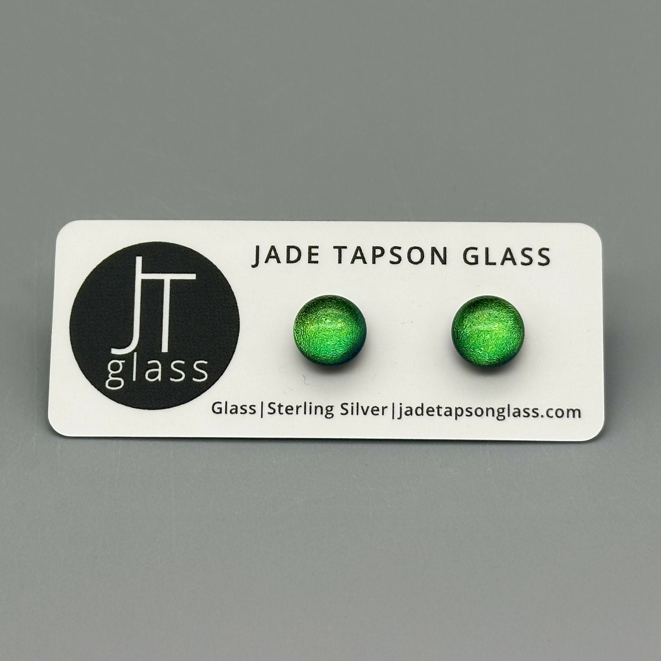 Green Dichroic Fused Glass Sterling Silver Stud Earrings - Handmade by Jade Tapson Glass.