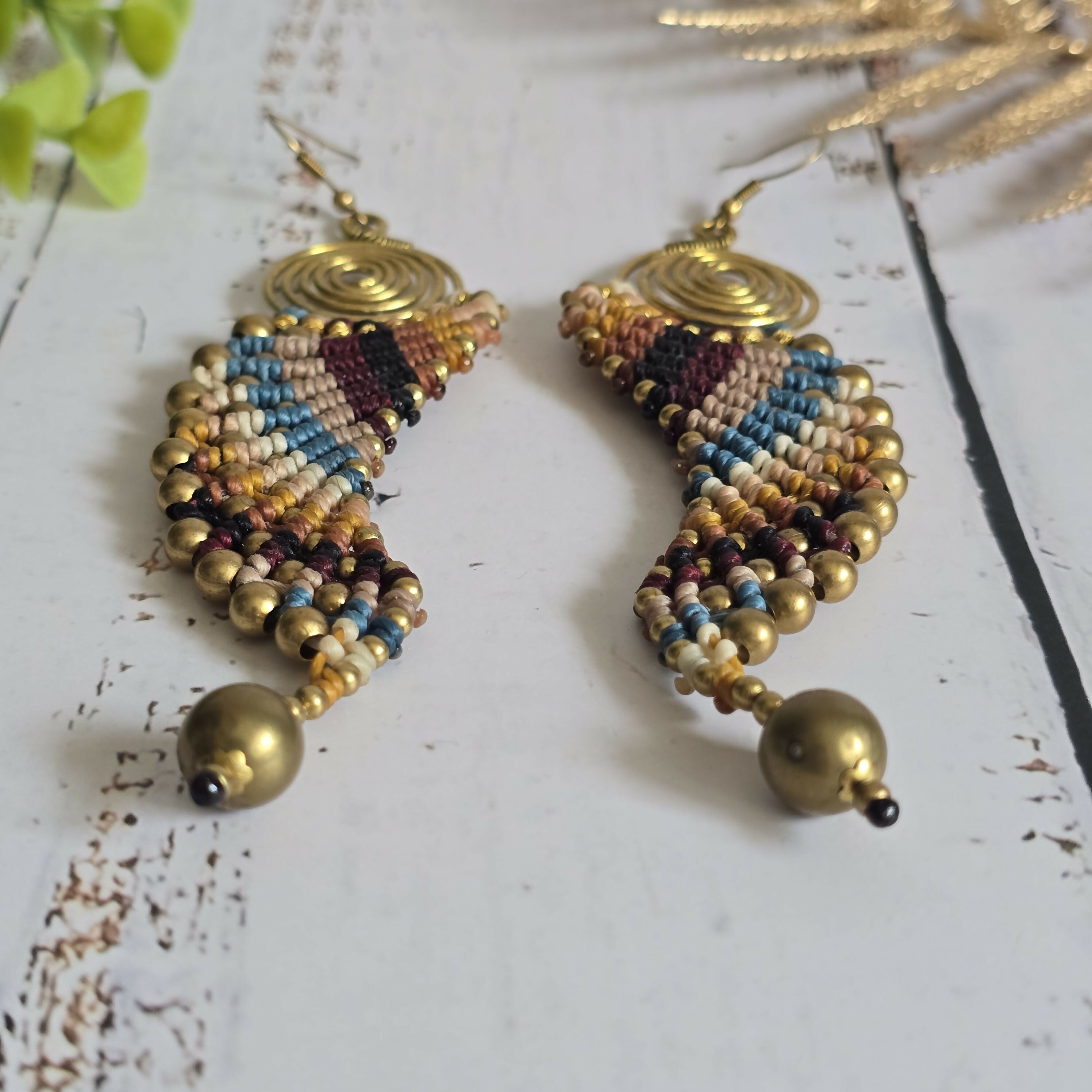 Macrame Angel Wing Earrings: Boho Gold Wire Wrapped Brass Earrings