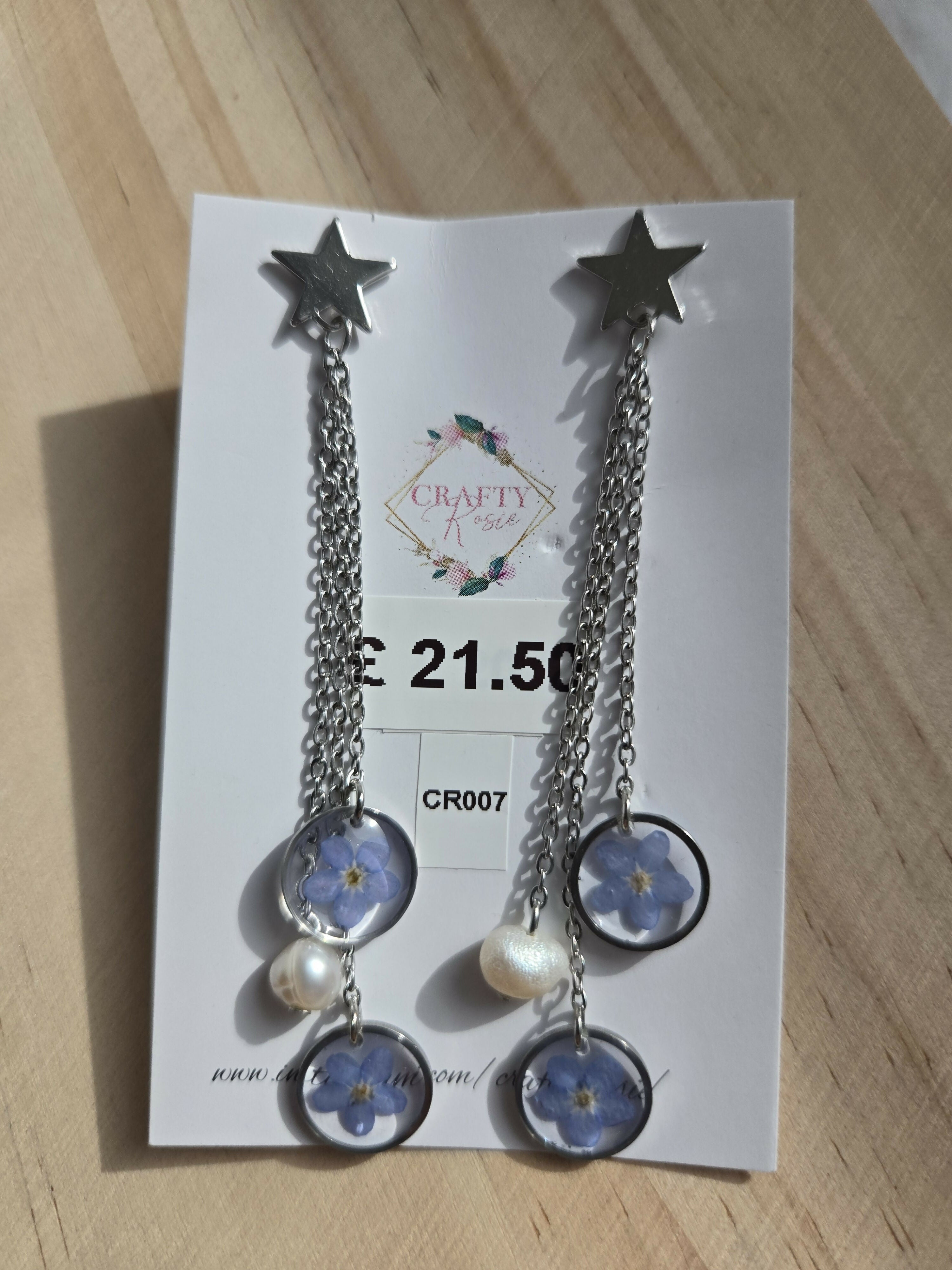 Stainless Steel Real Forget Me Not and Pearl Dangle Earrings