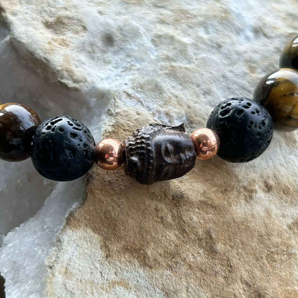 Men's Handmade Tiger's Eye And Lava Stone Buddha Bracelet