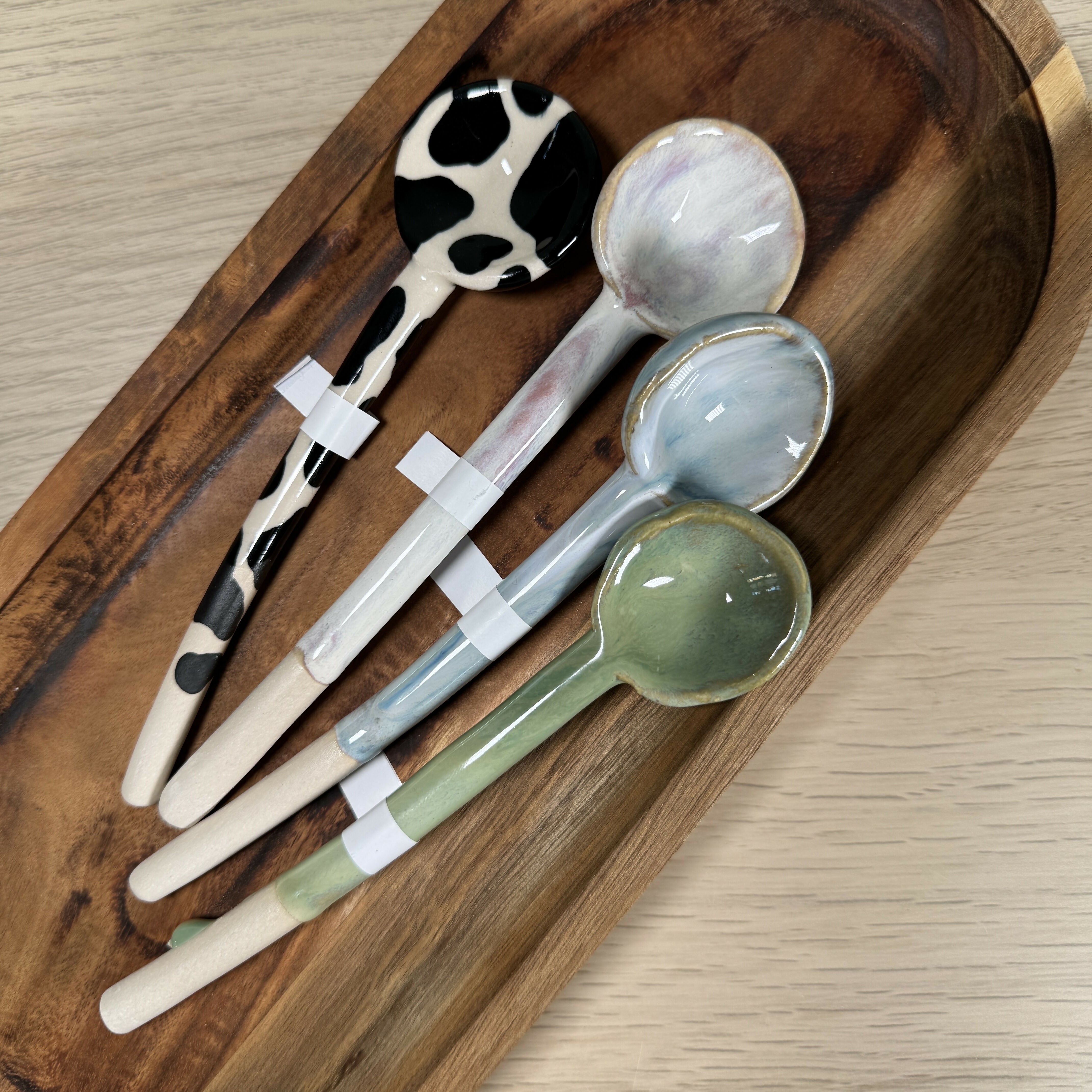 Ceramic Spoons, Various Styles, Reactive Glaze and cow print