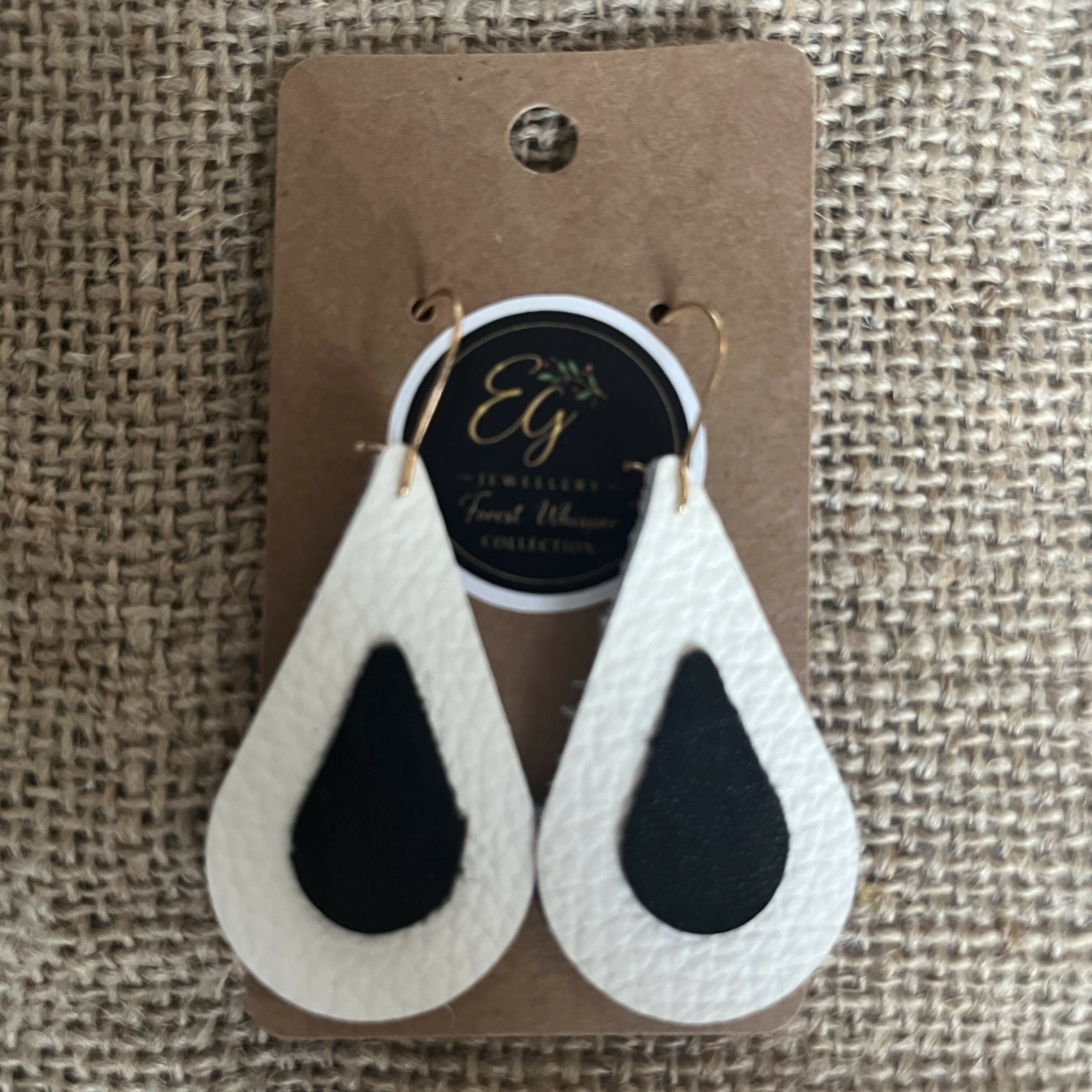 Forest Whisper Leather Earrings – Black & White Teardrop