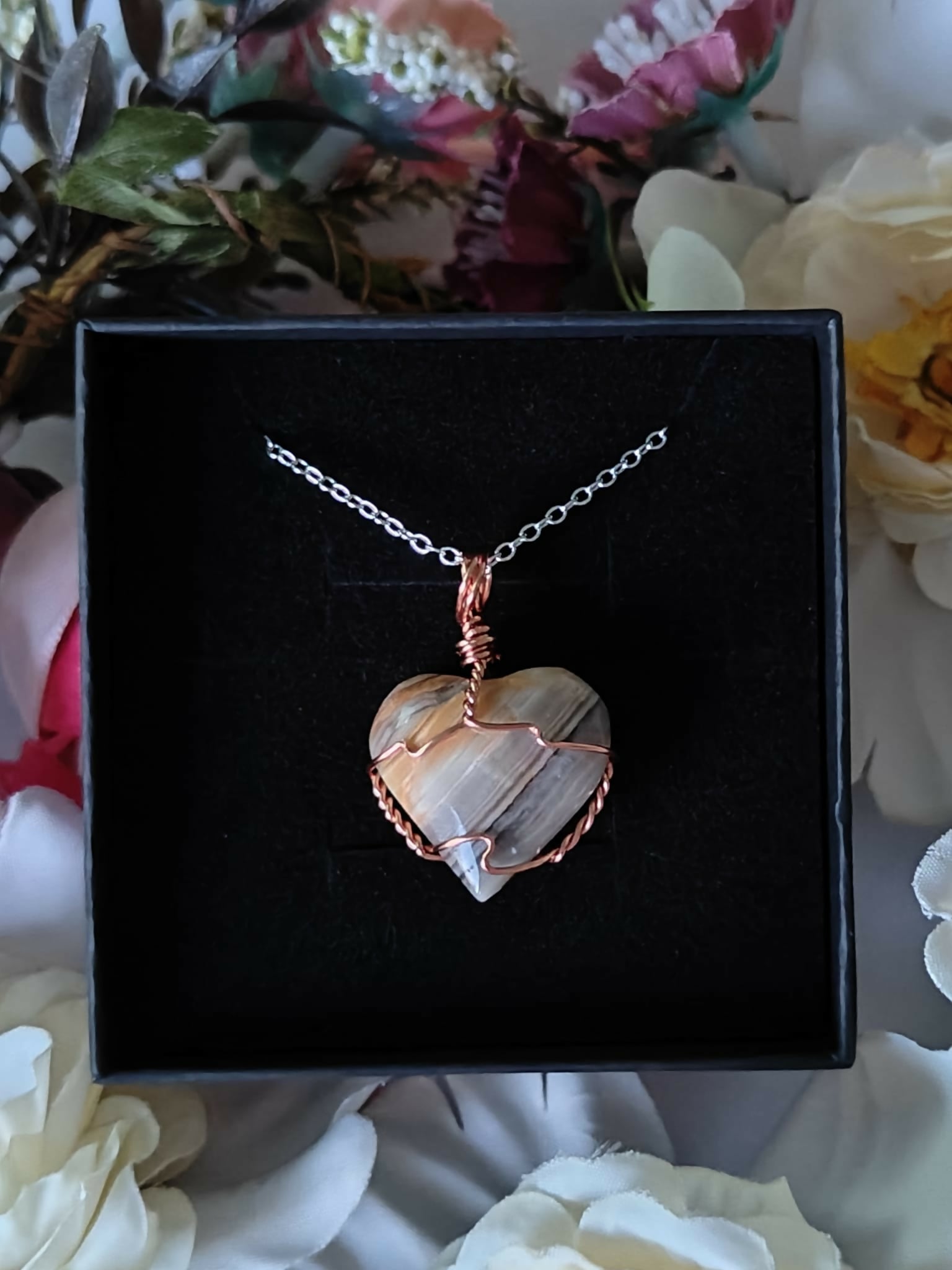Banded Agate Wire Wrapped Crystal Heart Necklace on Sterling Silver Chain