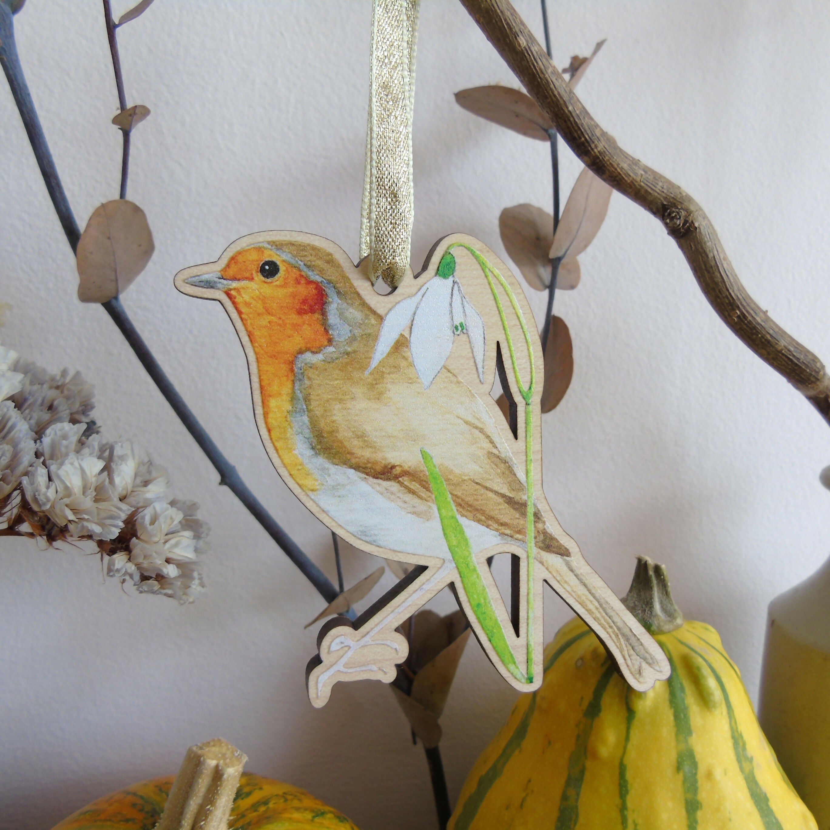 Robin and Snowdrop Hanging Wooden Decoration