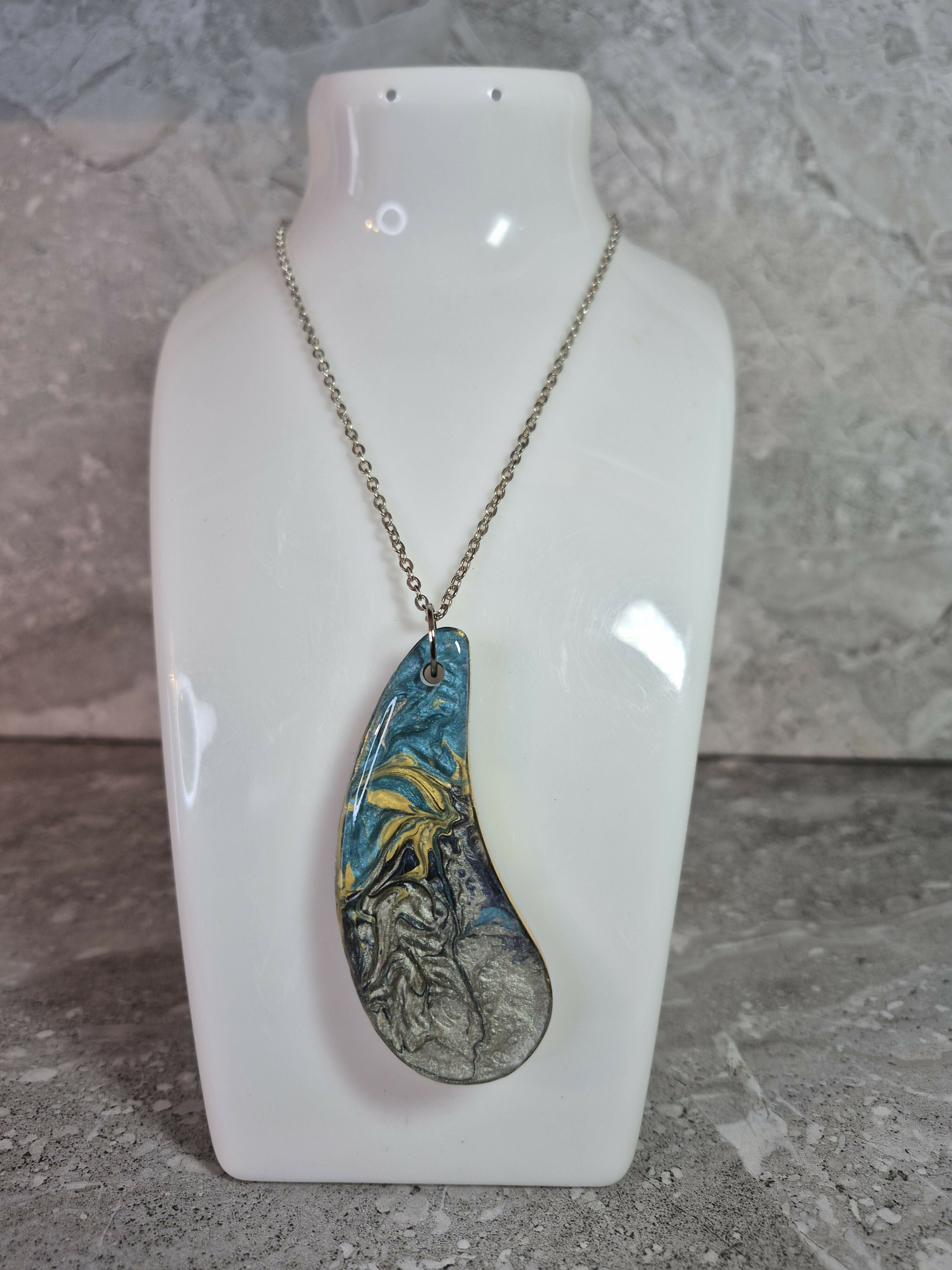 Unique Hand Crafted Pendant With Cyan, Blue, Gold and Silver Marble Effect